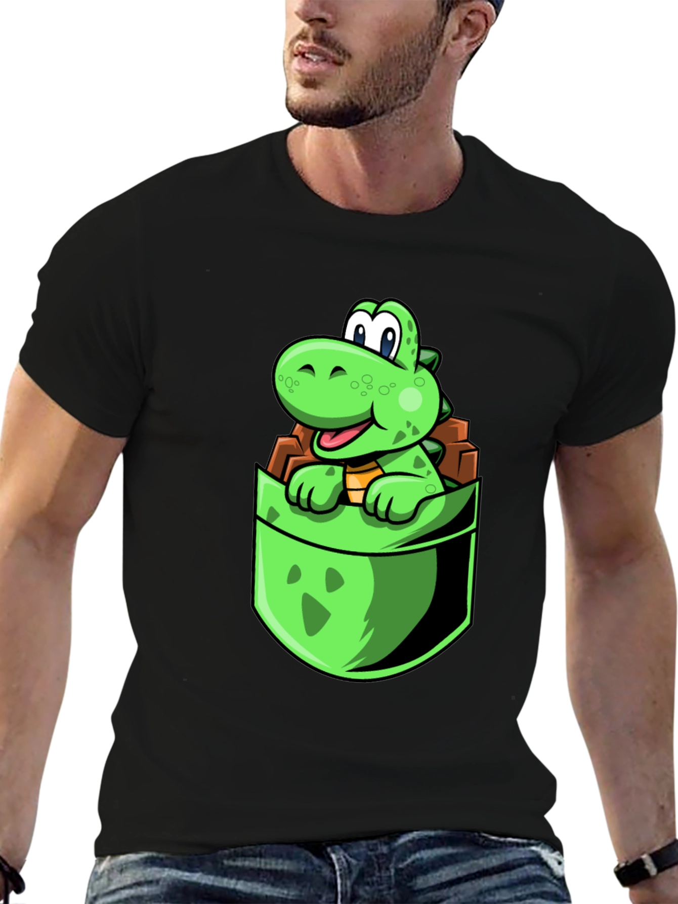 Dino Pocket Tee - Cute Cartoon Dinosaur Black T-Shirt