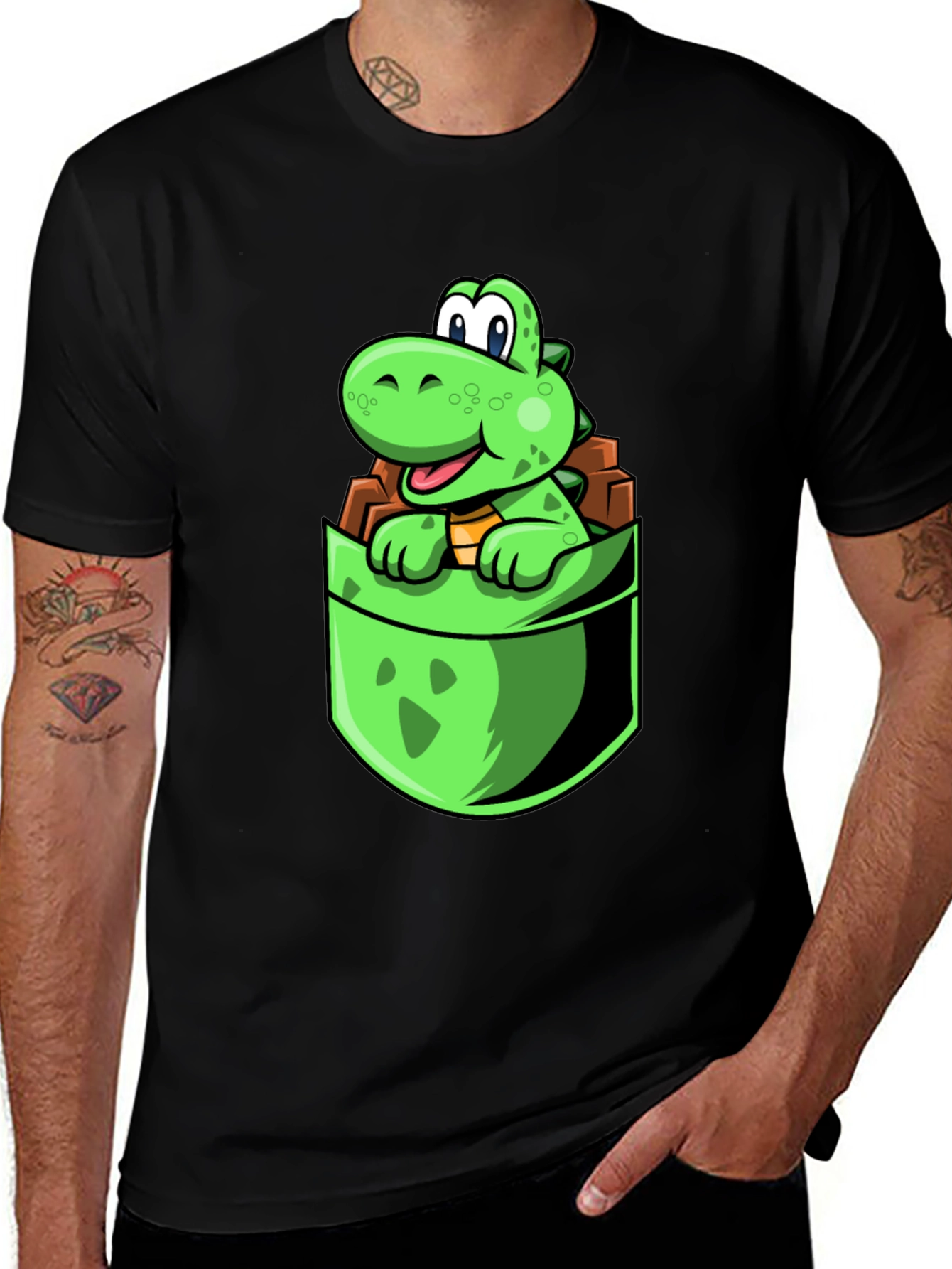 Dino Pocket Tee - Cute Cartoon Dinosaur Black T-Shirt