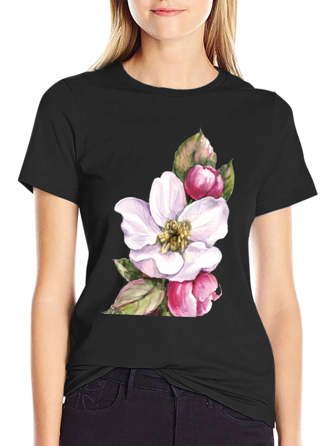 Floral Blossom Graphic Tee - Soft Black Cotton