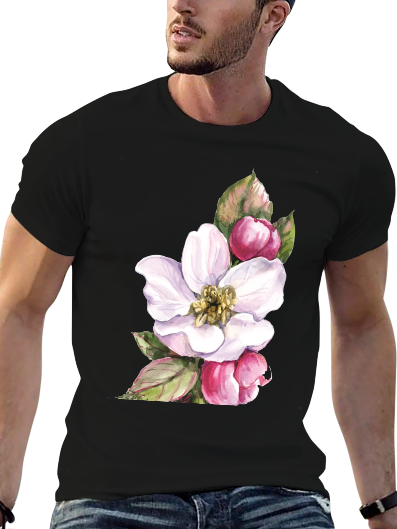 Floral Blossom Graphic Tee - Soft Black Cotton