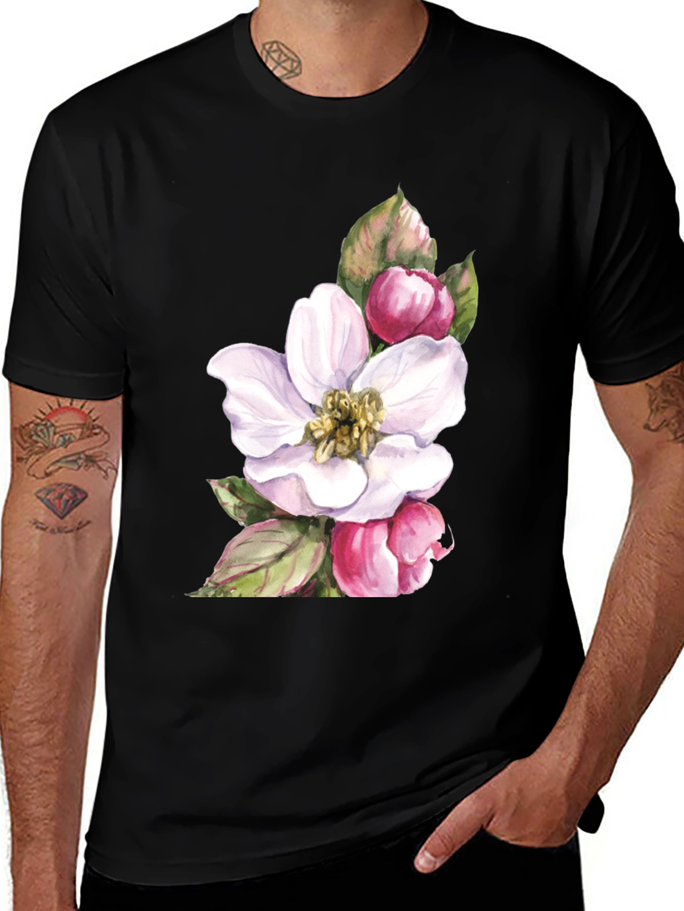 Floral Blossom Graphic Tee - Soft Black Cotton