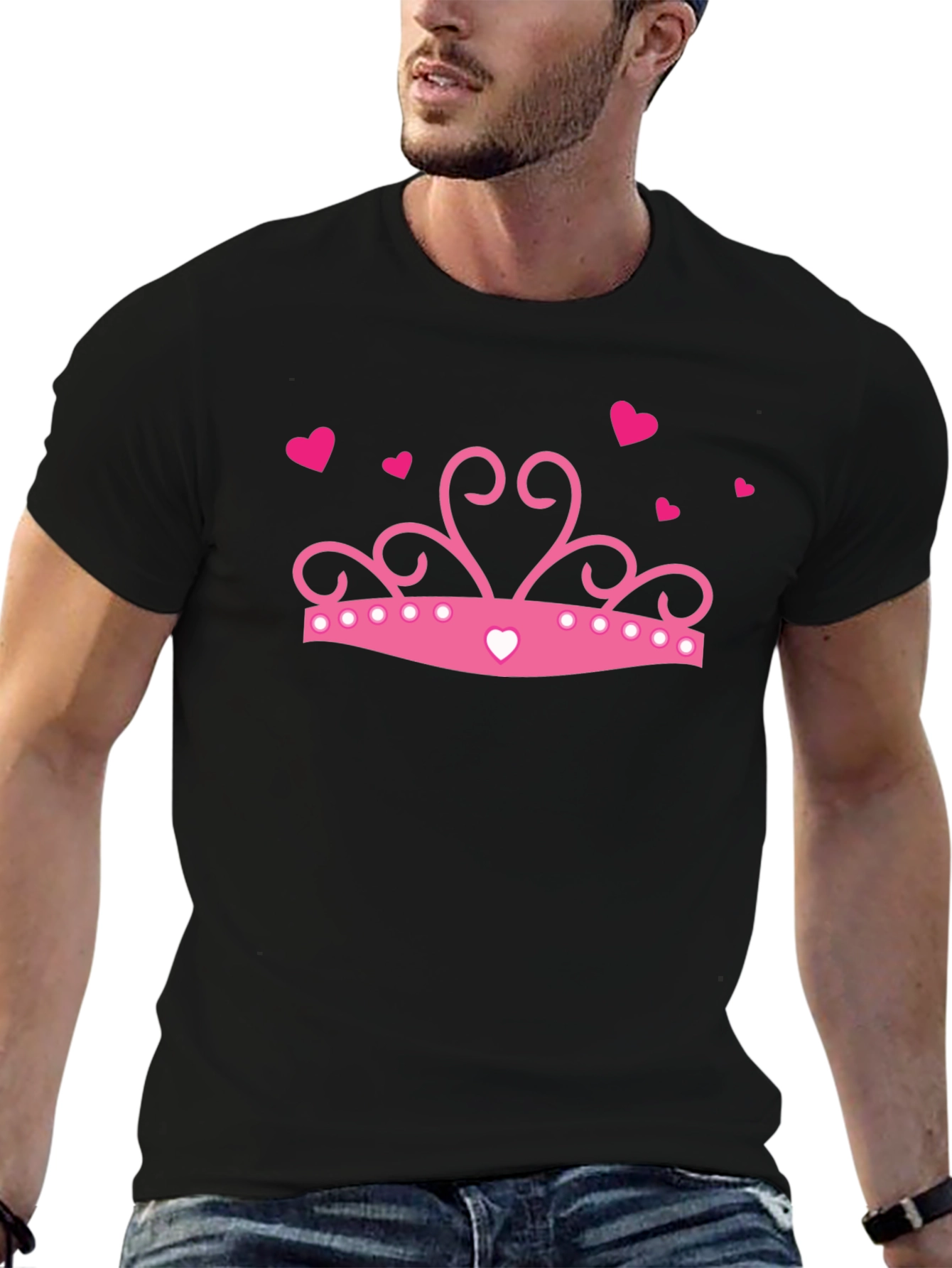 Pink Crown Hearts Black T-Shirt