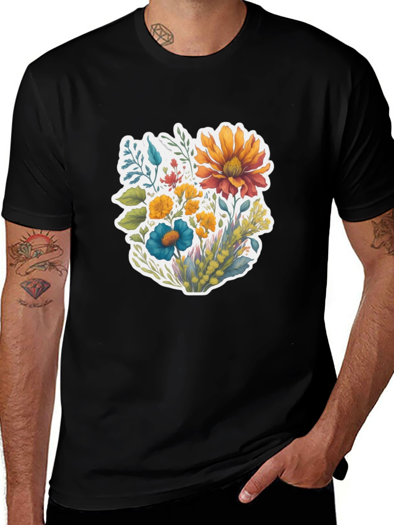 Floral Bouquet Graphic Black T-Shirt