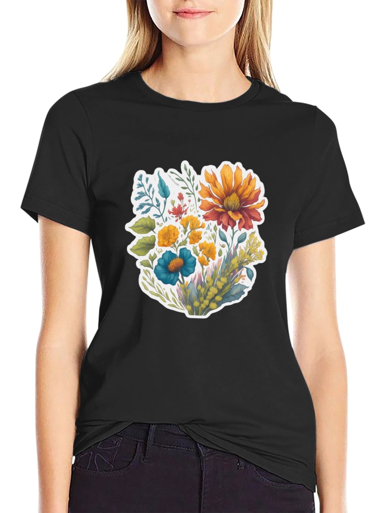 Floral Bouquet Graphic Black T-Shirt