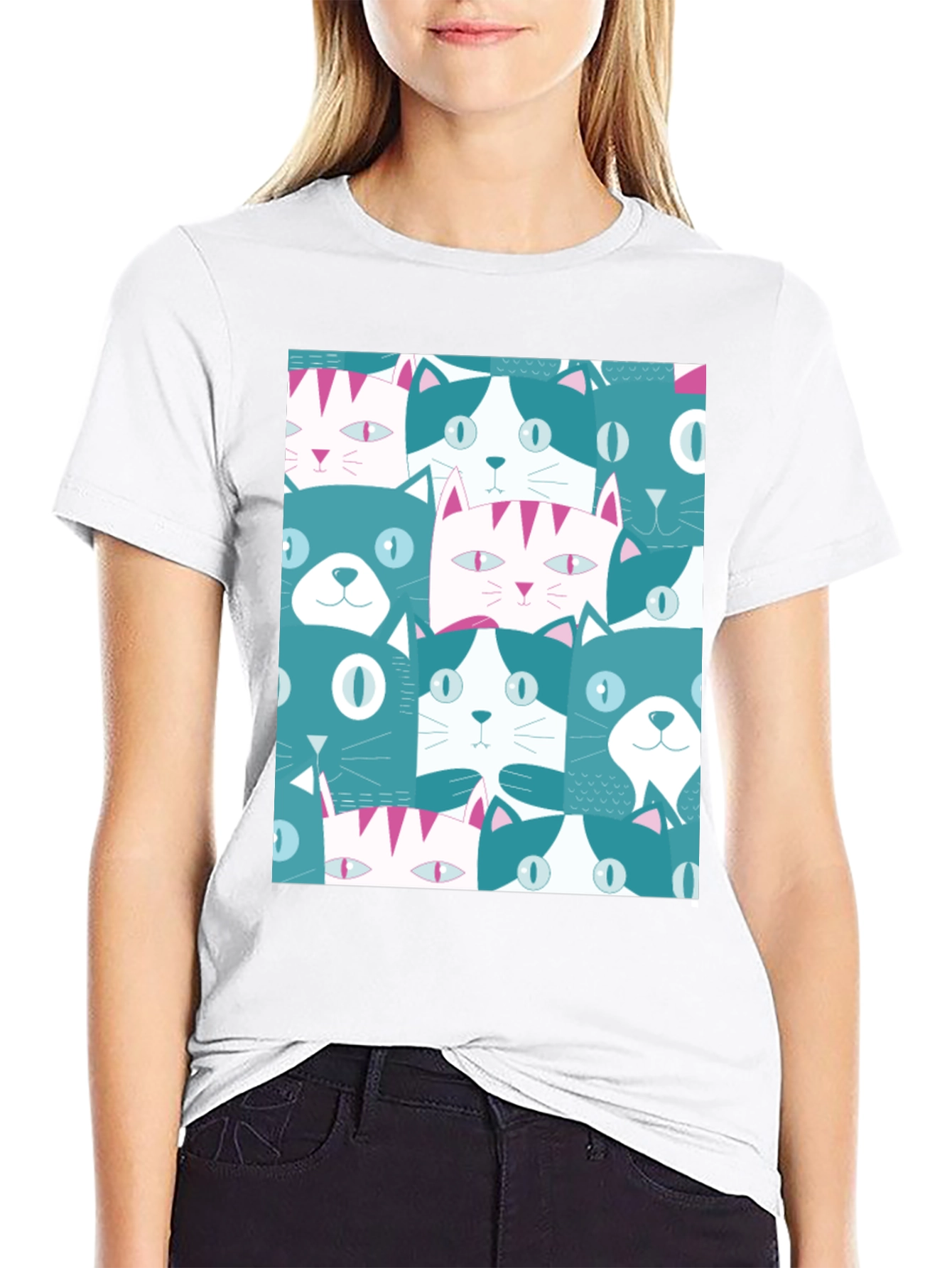 Cool Cats Pattern Black T-Shirt