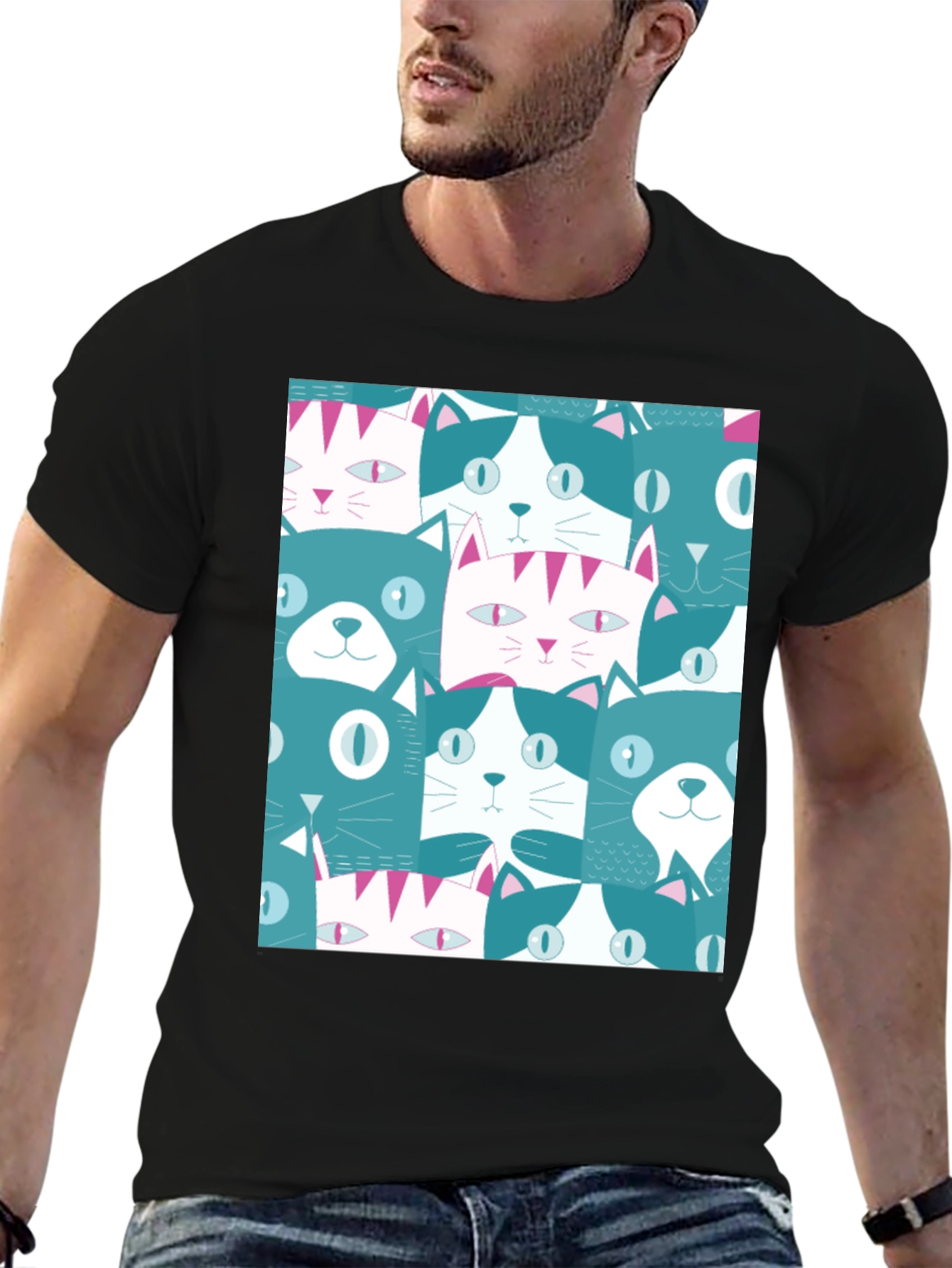 Cool Cats Pattern Black T-Shirt