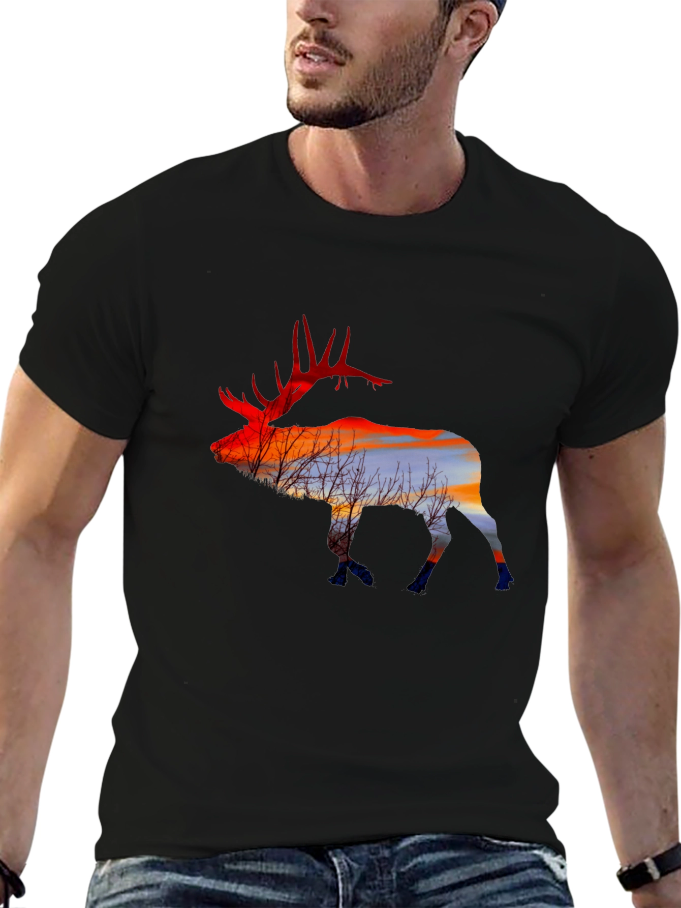 Elk Silhouette Sunset Graphic Tee - Black
