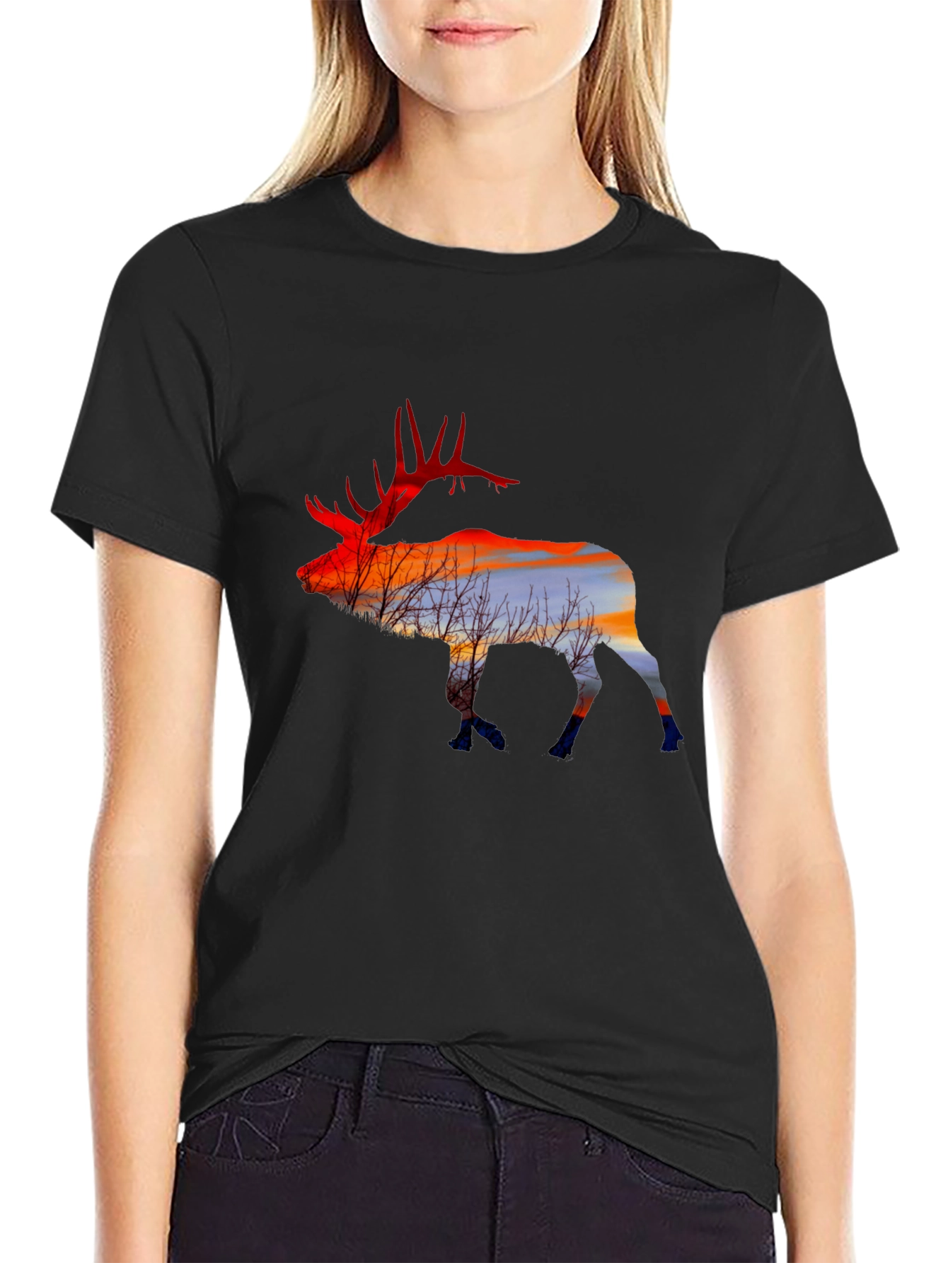 Elk Silhouette Sunset Graphic Tee - Black