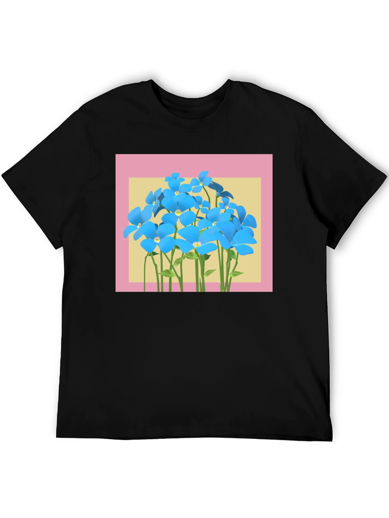 Floral Graphic T-Shirt: Blue Flowers on Black Tee
