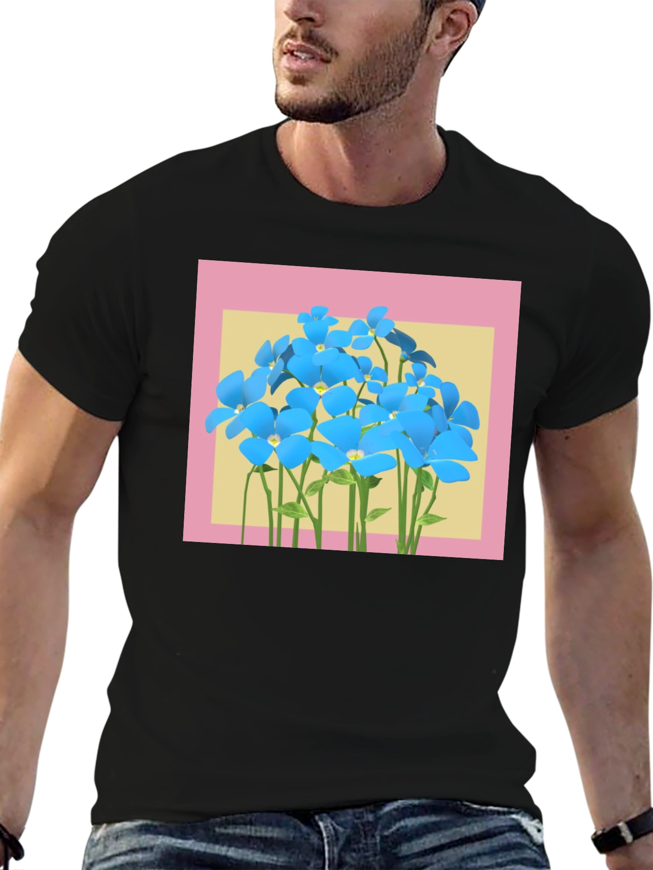 Floral Graphic T-Shirt: Blue Flowers on Black Tee