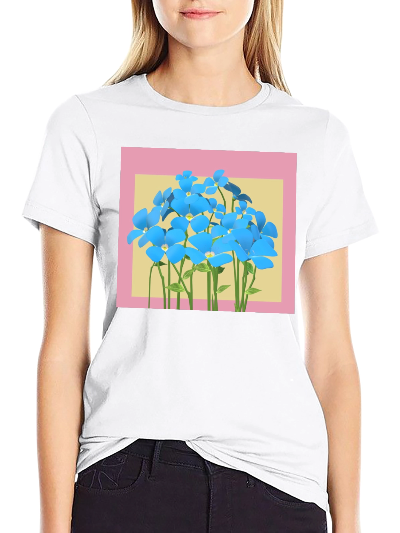 Floral Graphic T-Shirt: Blue Flowers on Black Tee