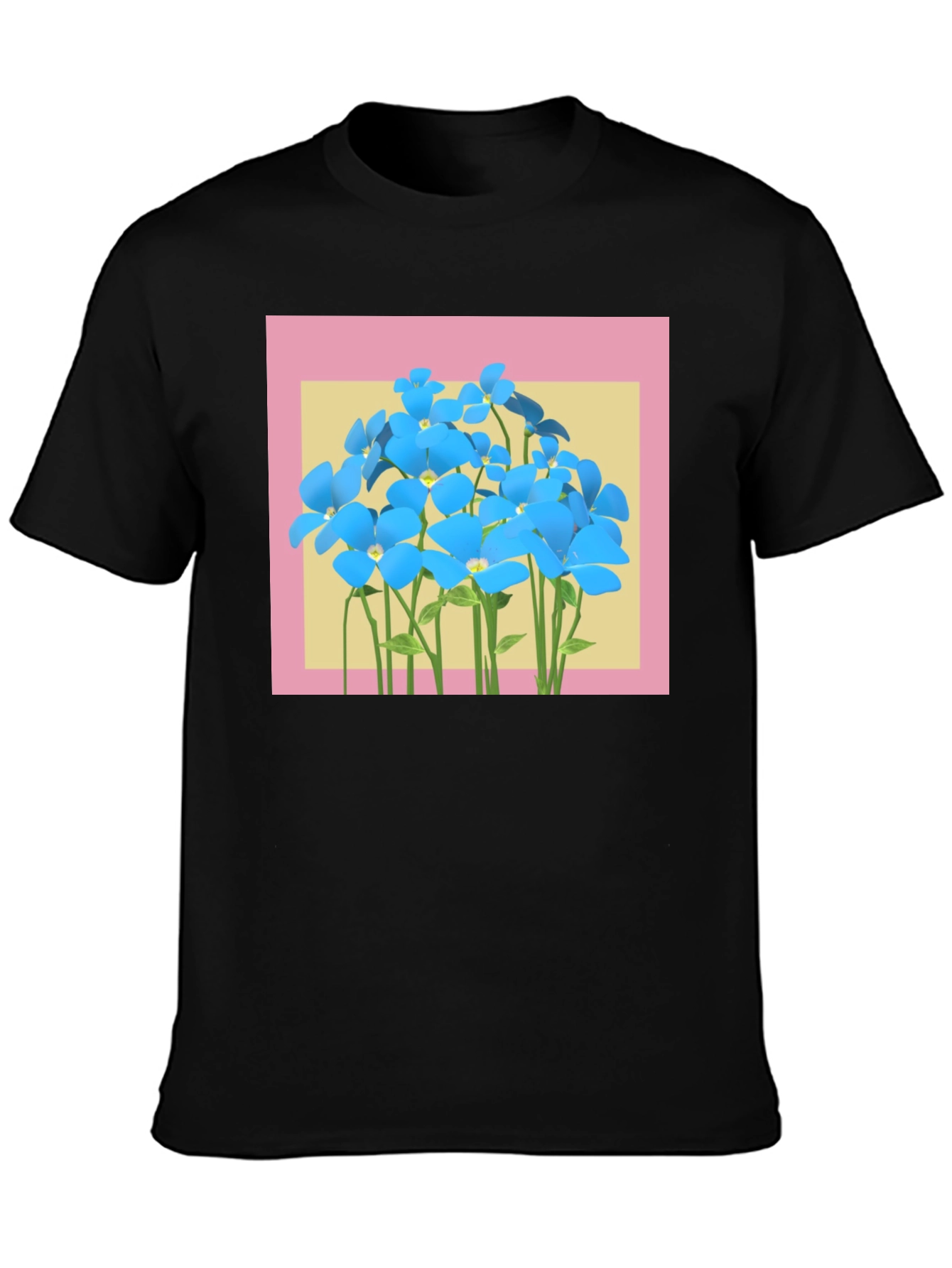 Floral Graphic T-Shirt: Blue Flowers on Black Tee