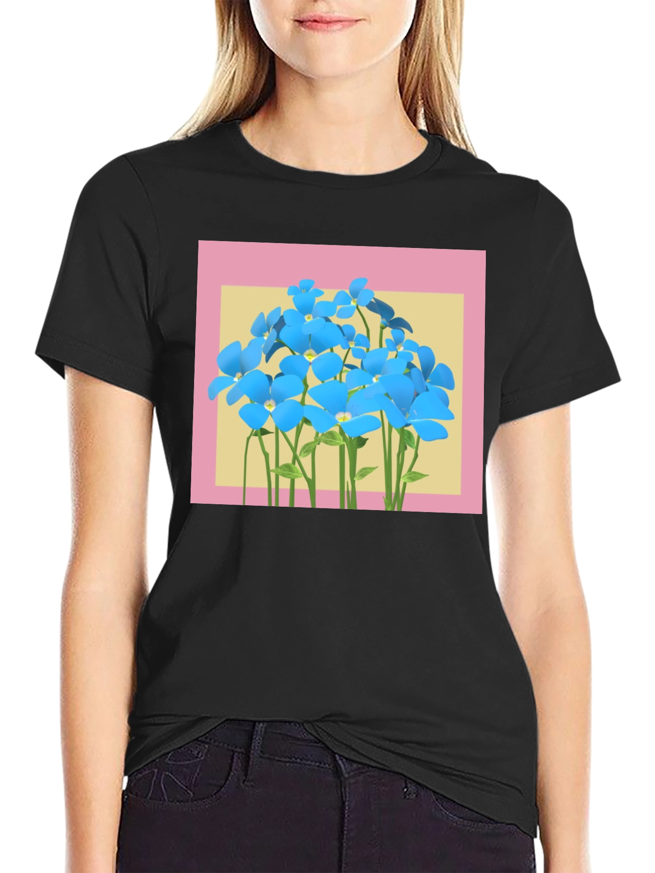 Floral Graphic T-Shirt: Blue Flowers on Black Tee