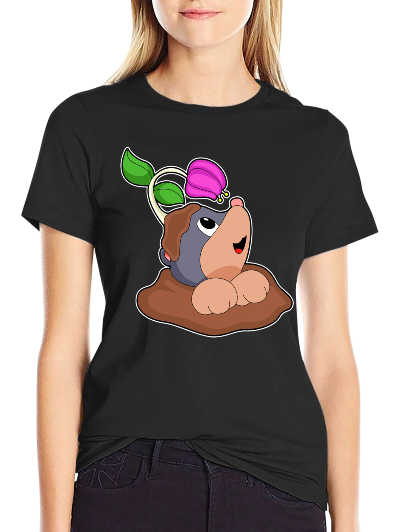 Cute Mole with Flower Black T-Shirt