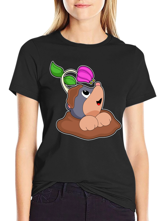 Cute Mole with Flower Black T-Shirt