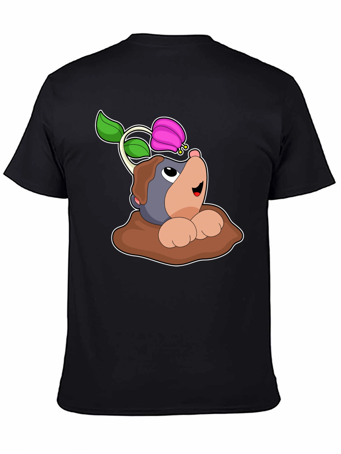Cute Mole with Flower Black T-Shirt