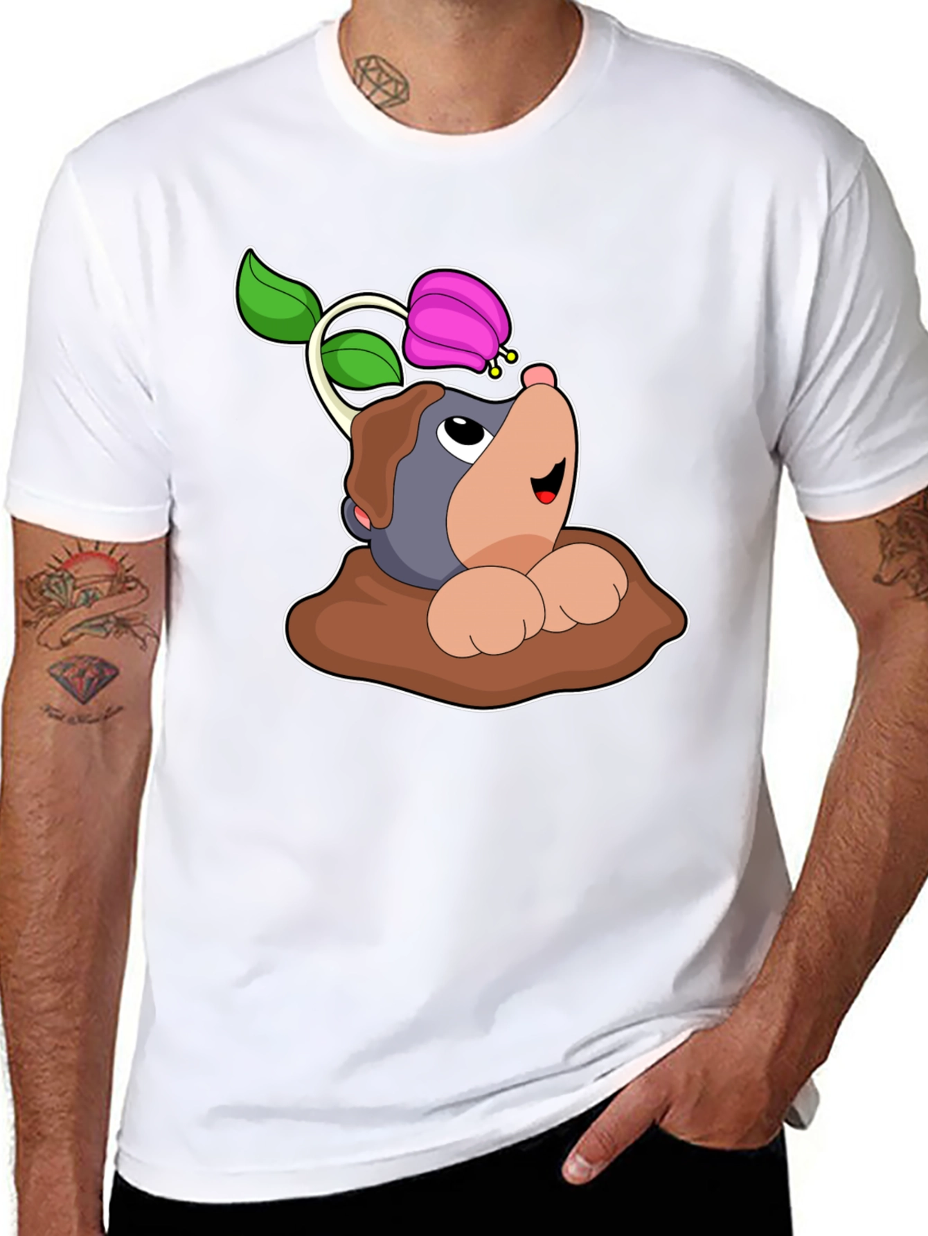 Cute Mole with Flower Black T-Shirt