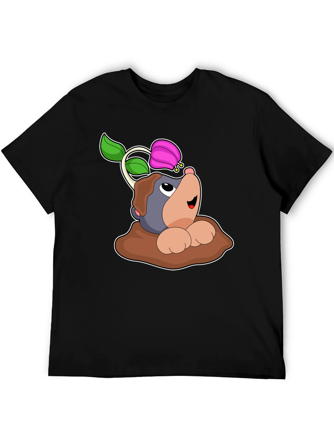 Cute Mole with Flower Black T-Shirt