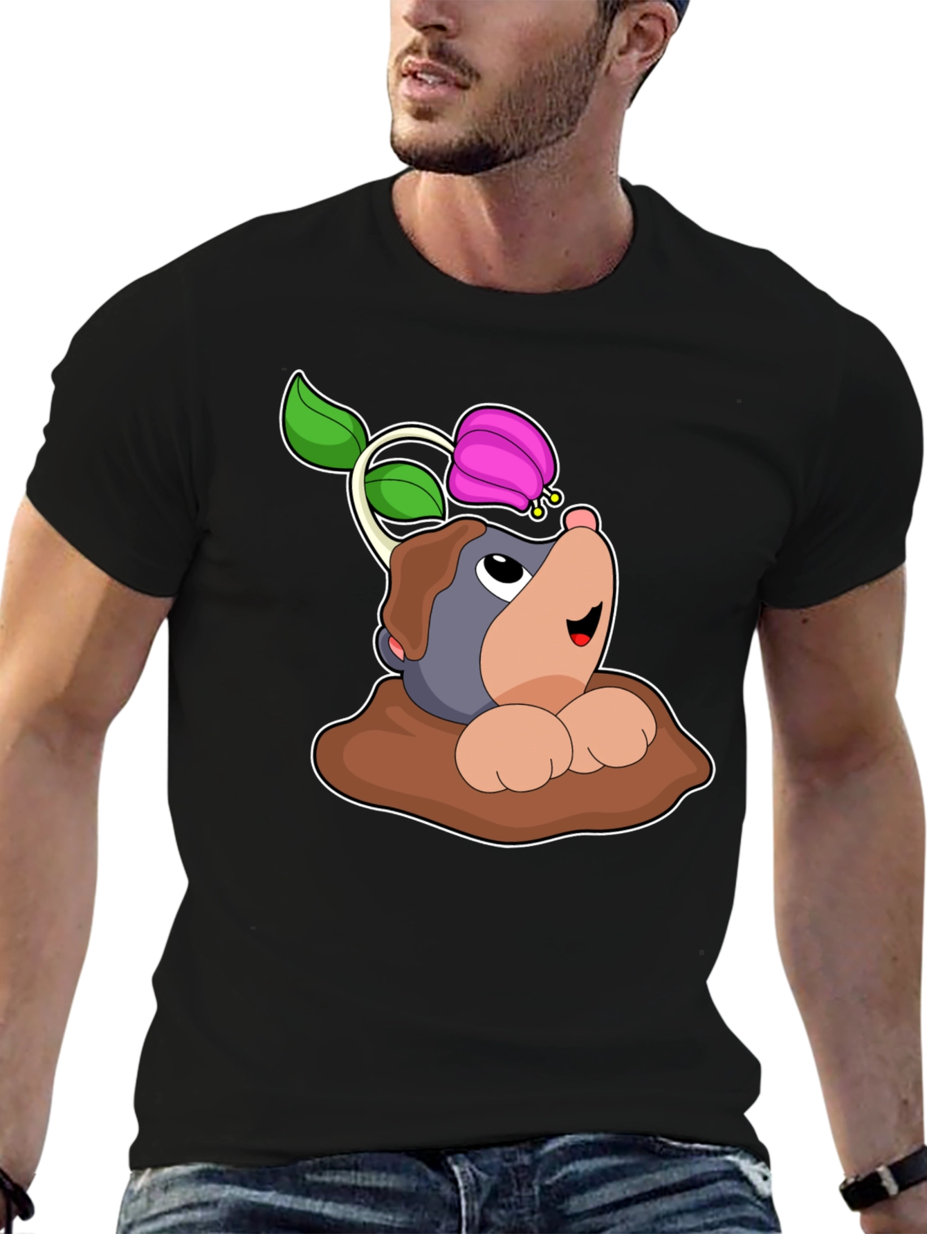 Cute Mole with Flower Black T-Shirt