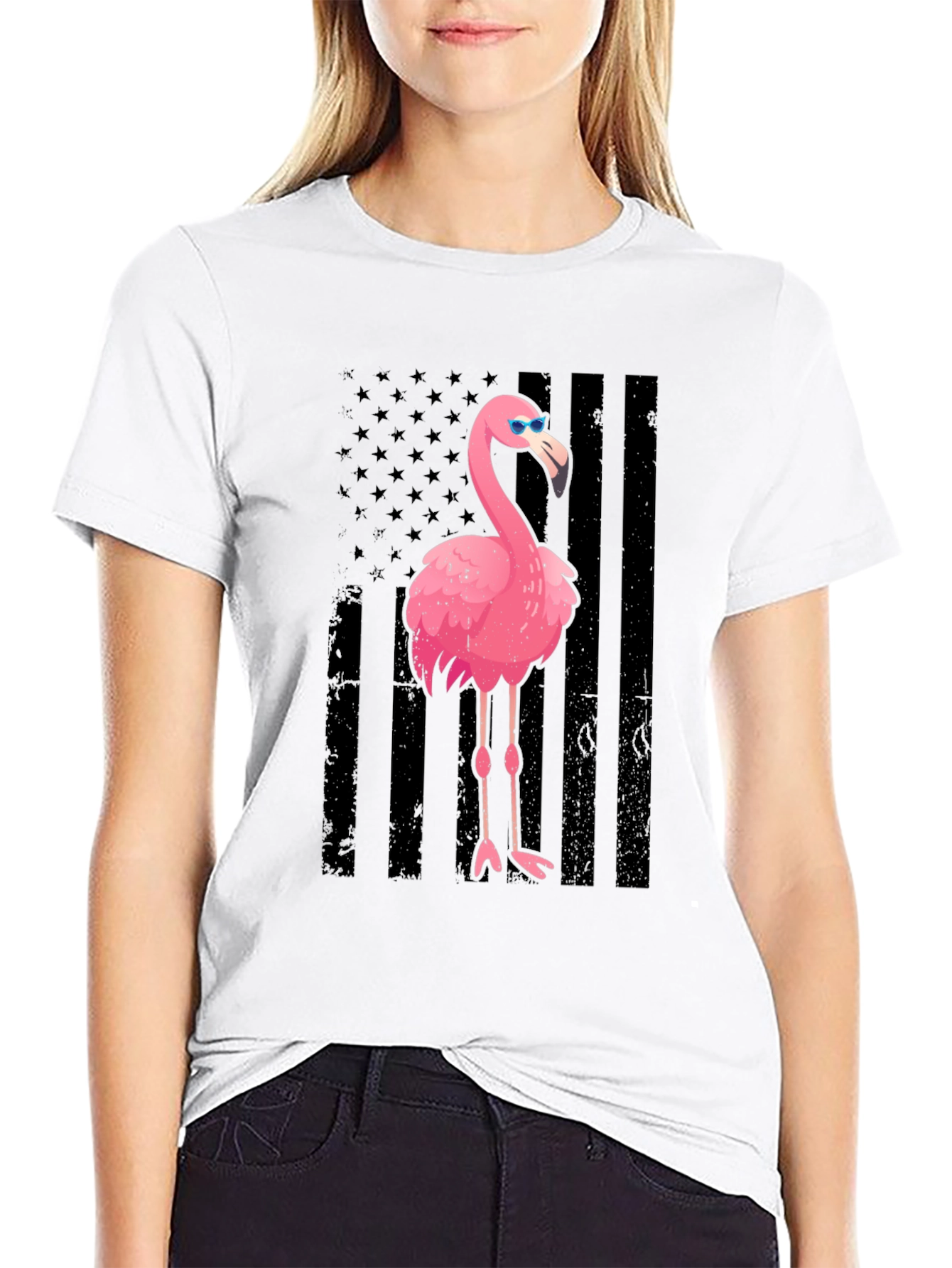 Flamingo American Flag Graphic Tee - Black