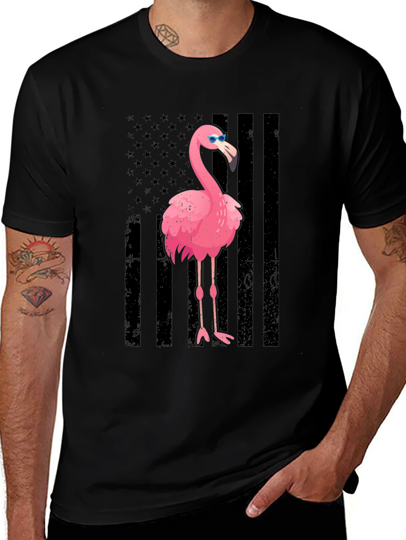 Flamingo American Flag Graphic Tee - Black
