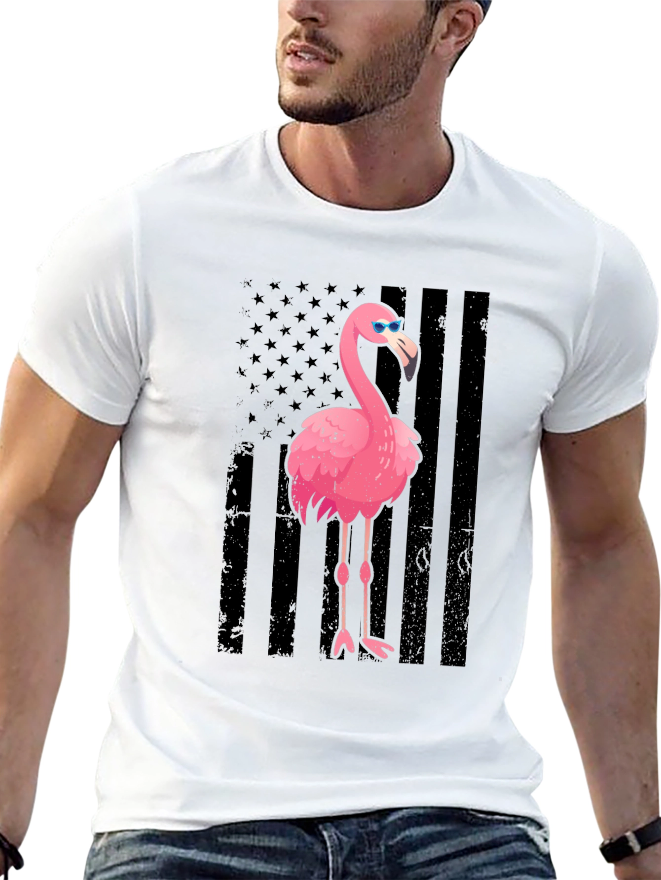 Flamingo American Flag Graphic Tee - Black