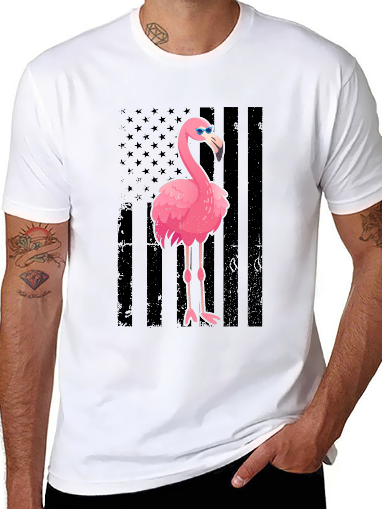 Flamingo American Flag Graphic Tee - Black