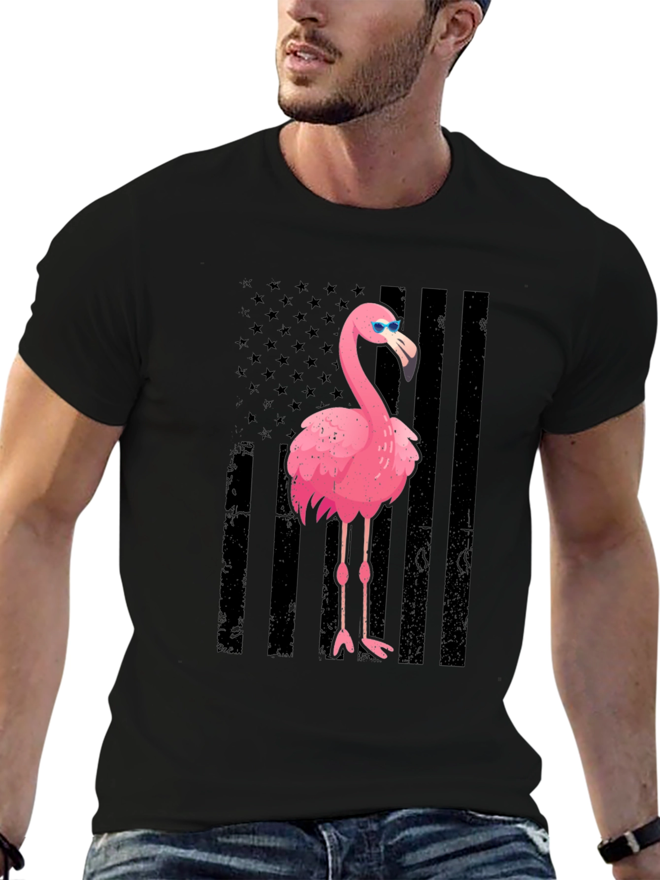 Flamingo American Flag Graphic Tee - Black
