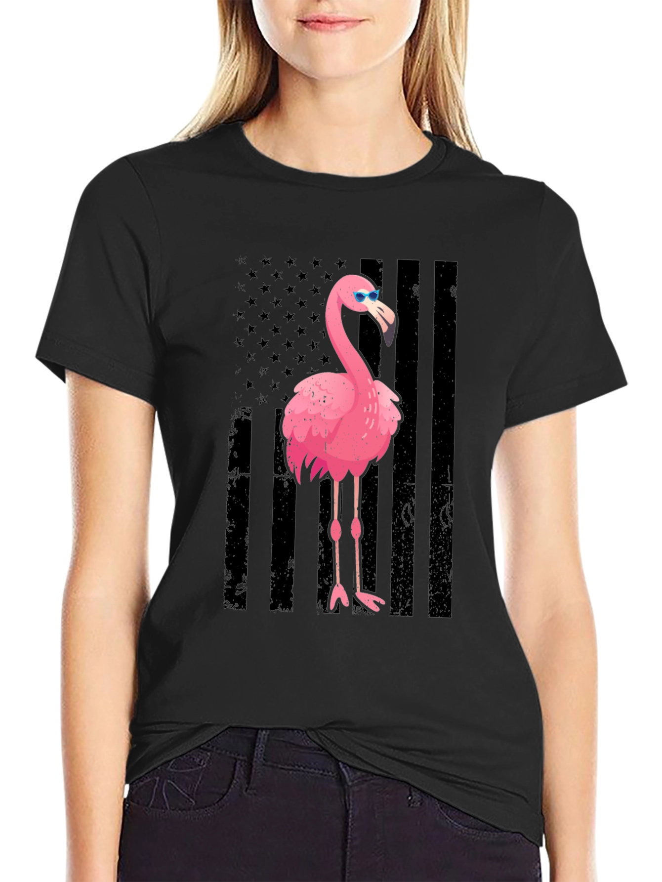 Flamingo American Flag Graphic Tee - Black