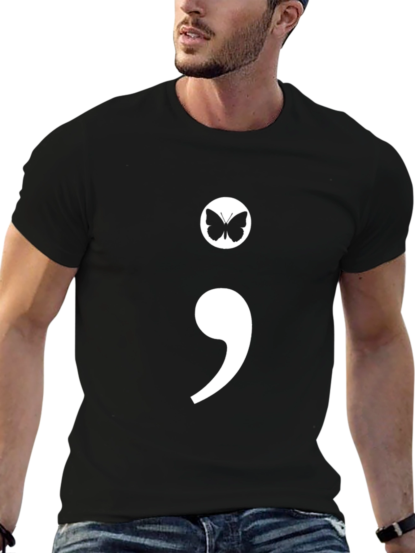 Semicolon Butterfly Graphic Tee - Black Casual T-Shirt