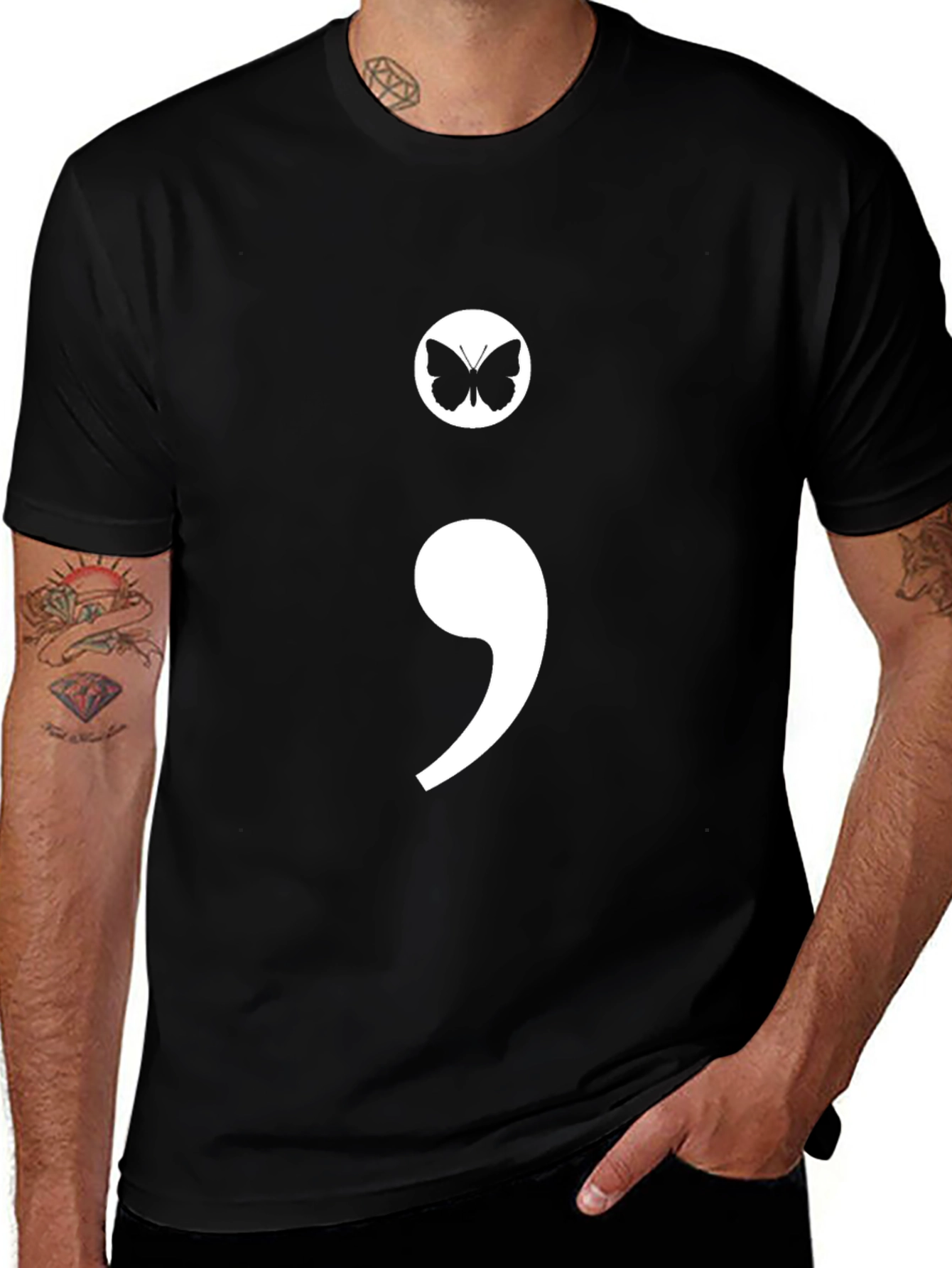 Semicolon Butterfly Graphic Tee - Black Casual T-Shirt
