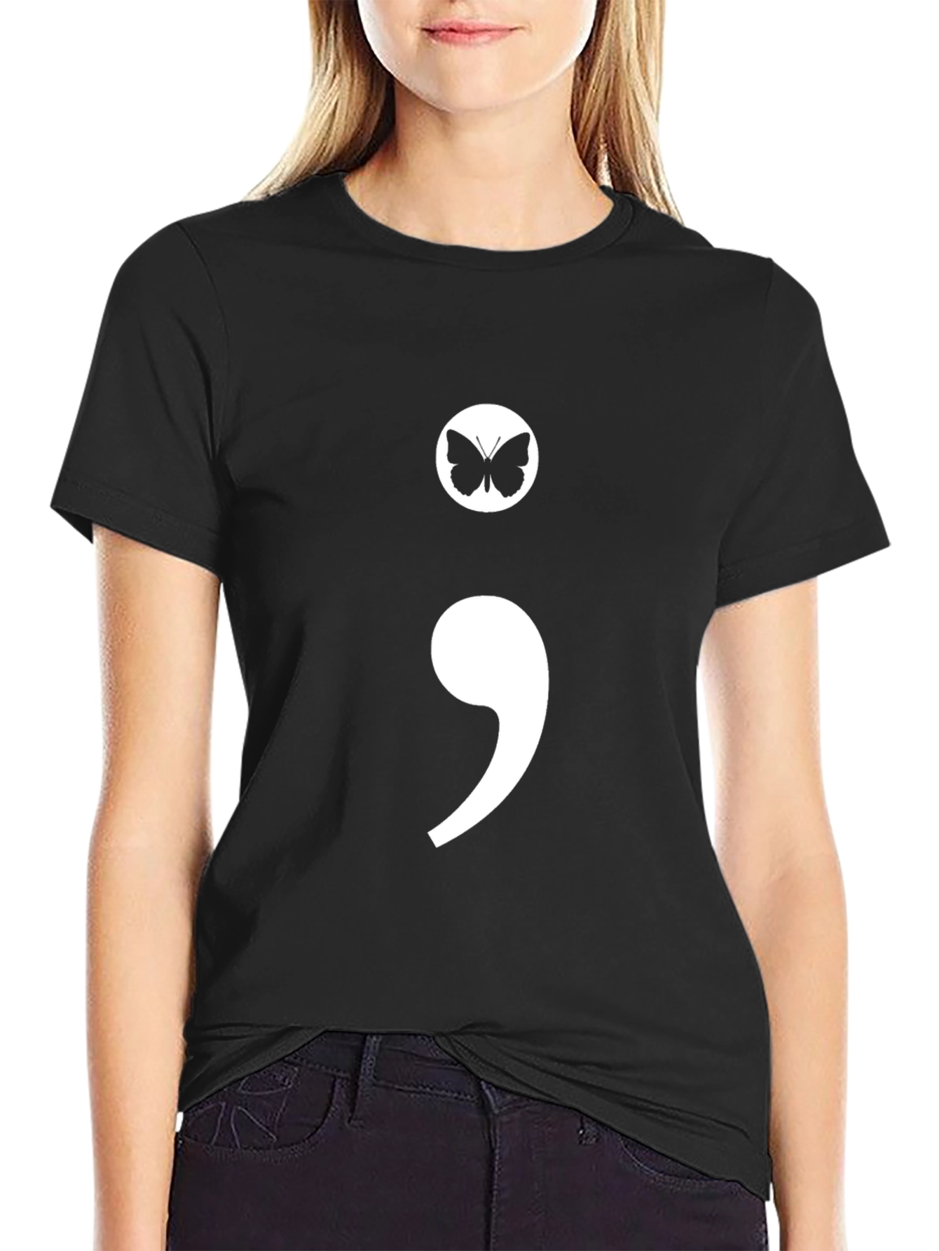 Semicolon Butterfly Graphic Tee - Black Casual T-Shirt