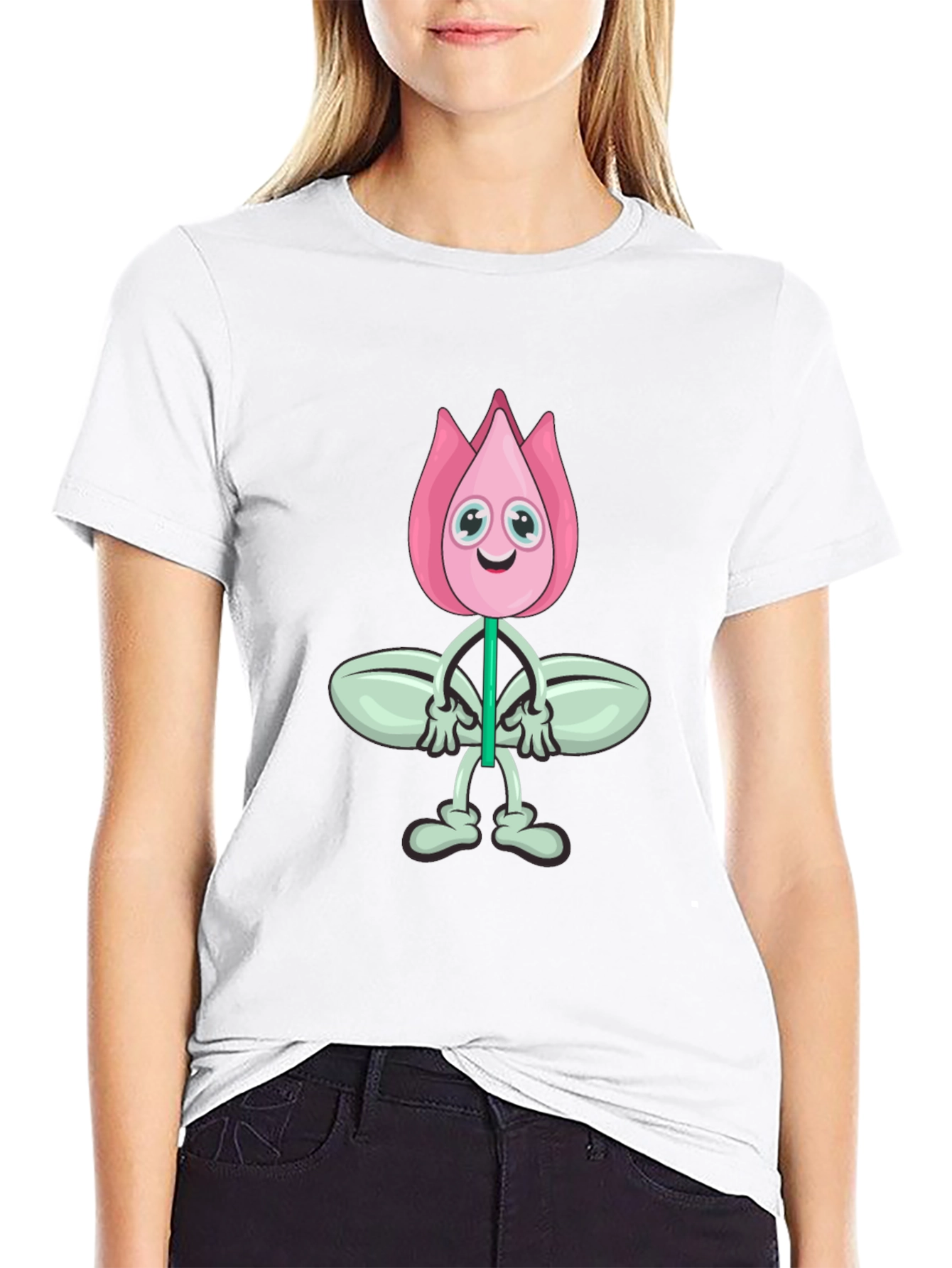 Cartoon Flower Graphic Black T-Shirt