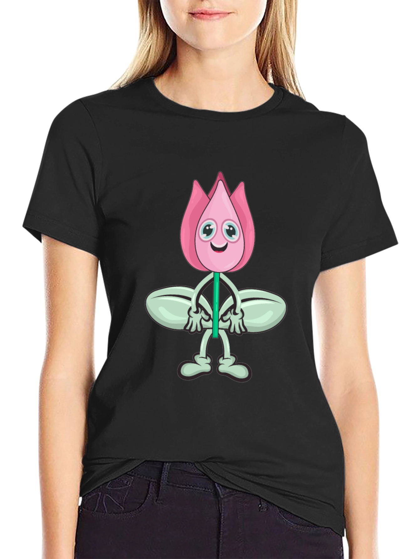 Cartoon Flower Graphic Black T-Shirt