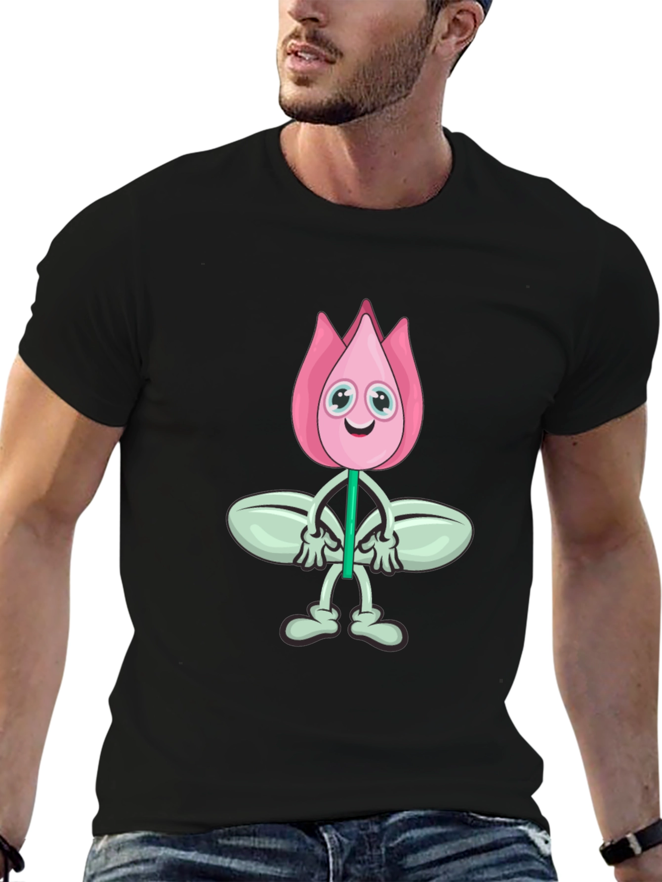 Cartoon Flower Graphic Black T-Shirt