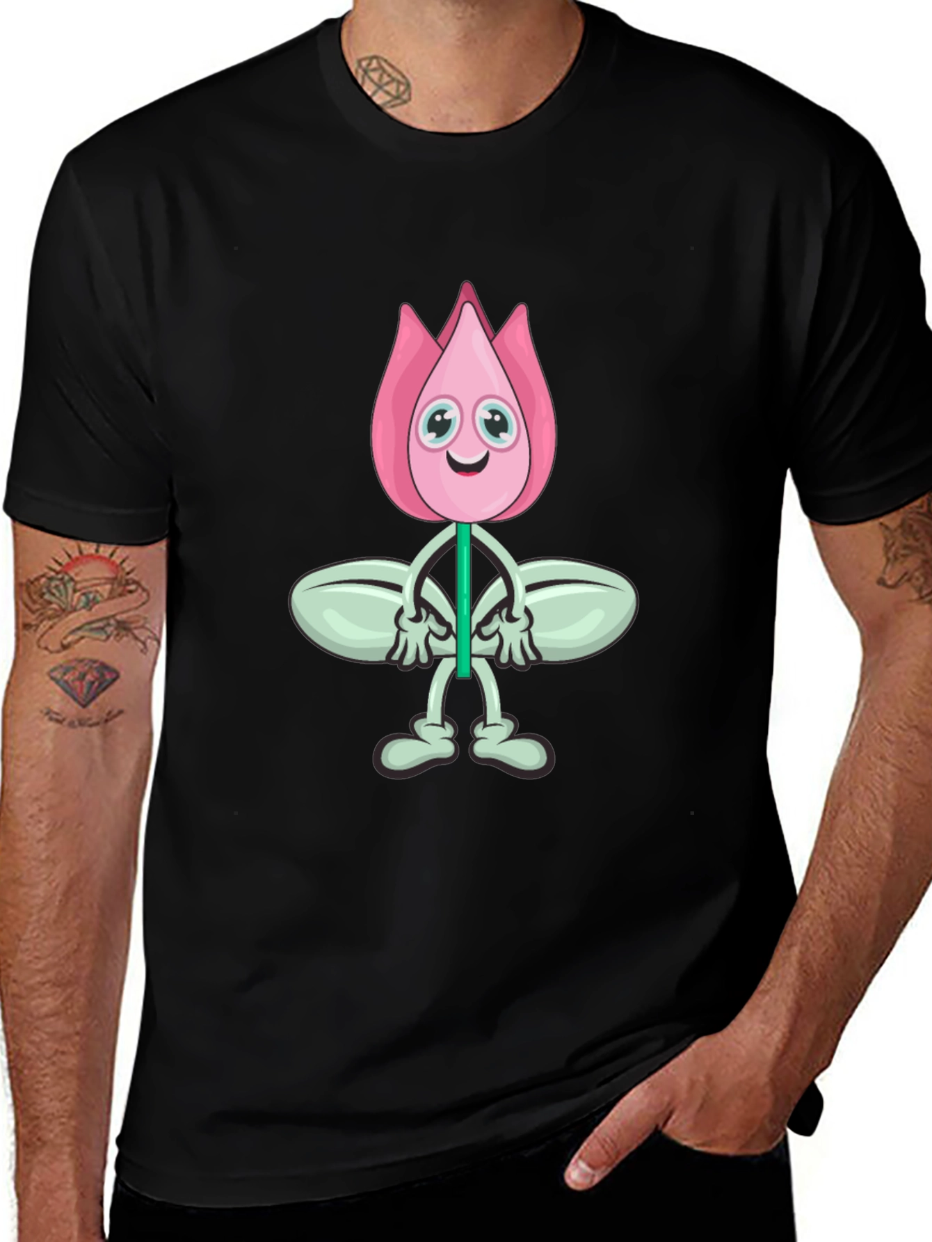 Cartoon Flower Graphic Black T-Shirt