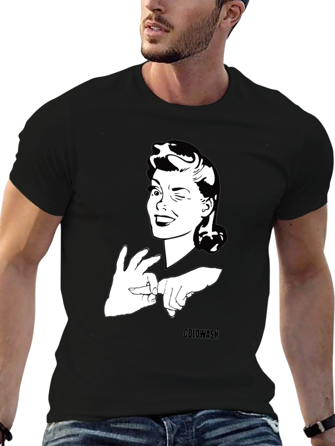 Winking Woman Graphic Tee - Black Cotton T-Shirt