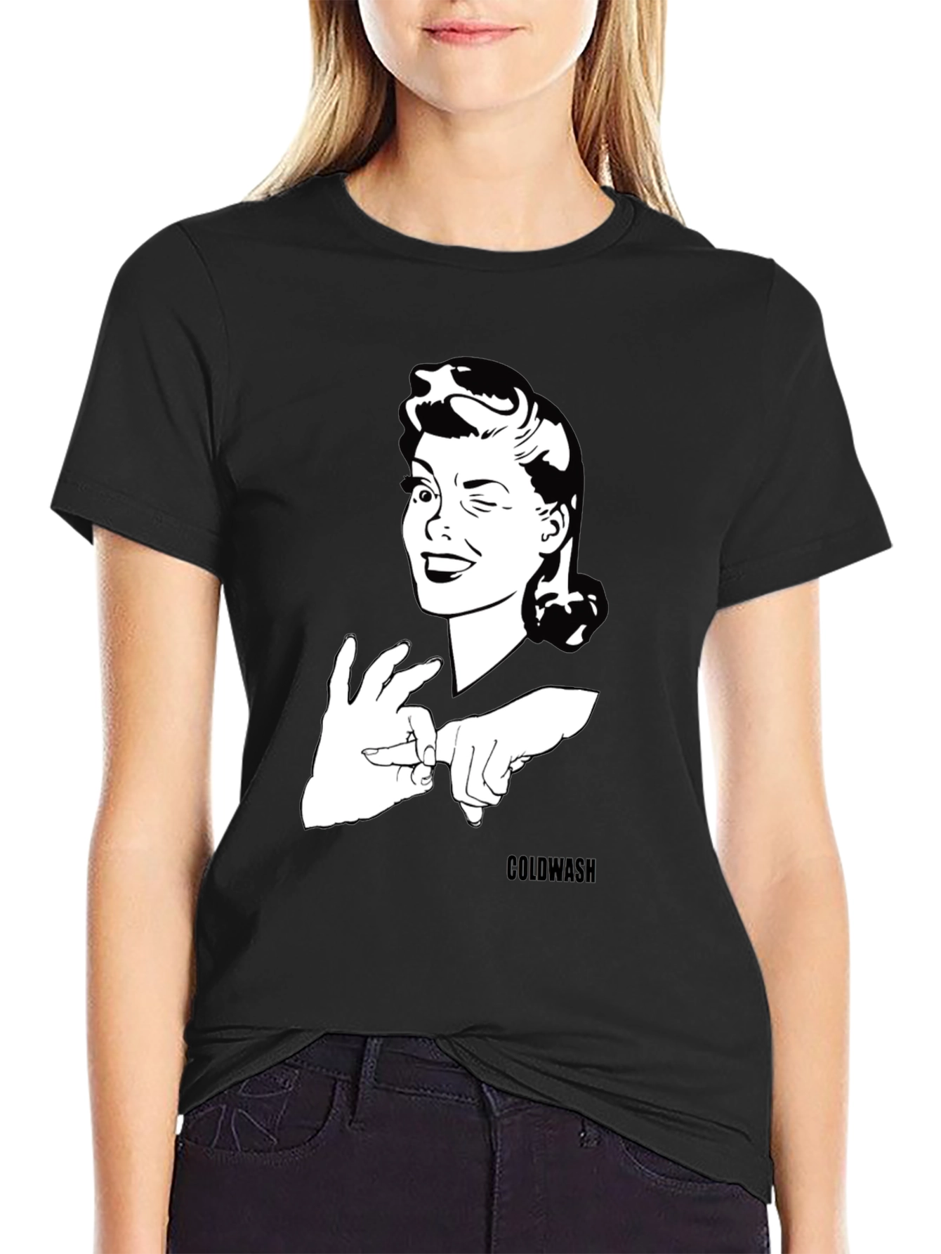 Winking Woman Graphic Tee - Black Cotton T-Shirt