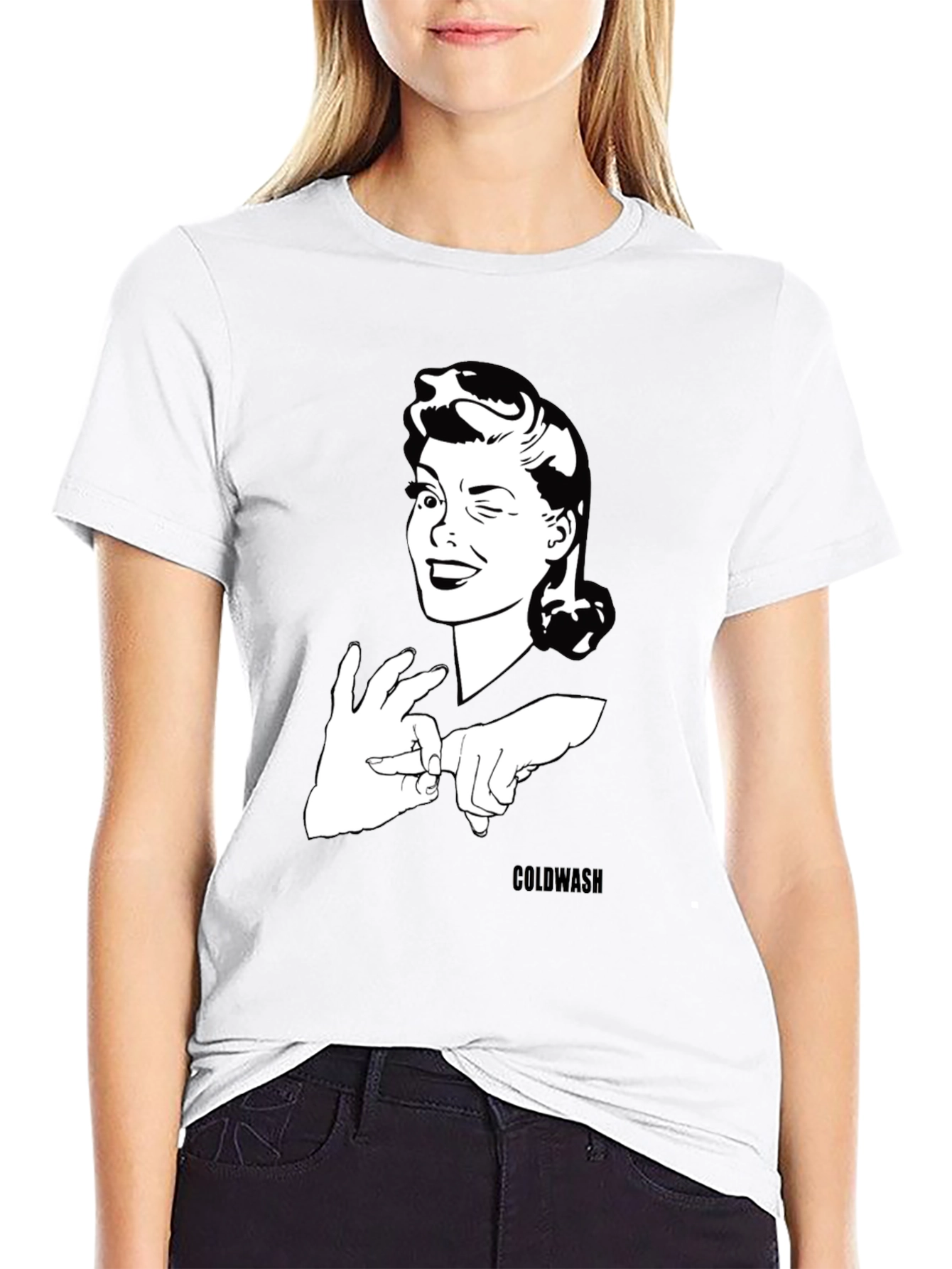 Winking Woman Graphic Tee - Black Cotton T-Shirt
