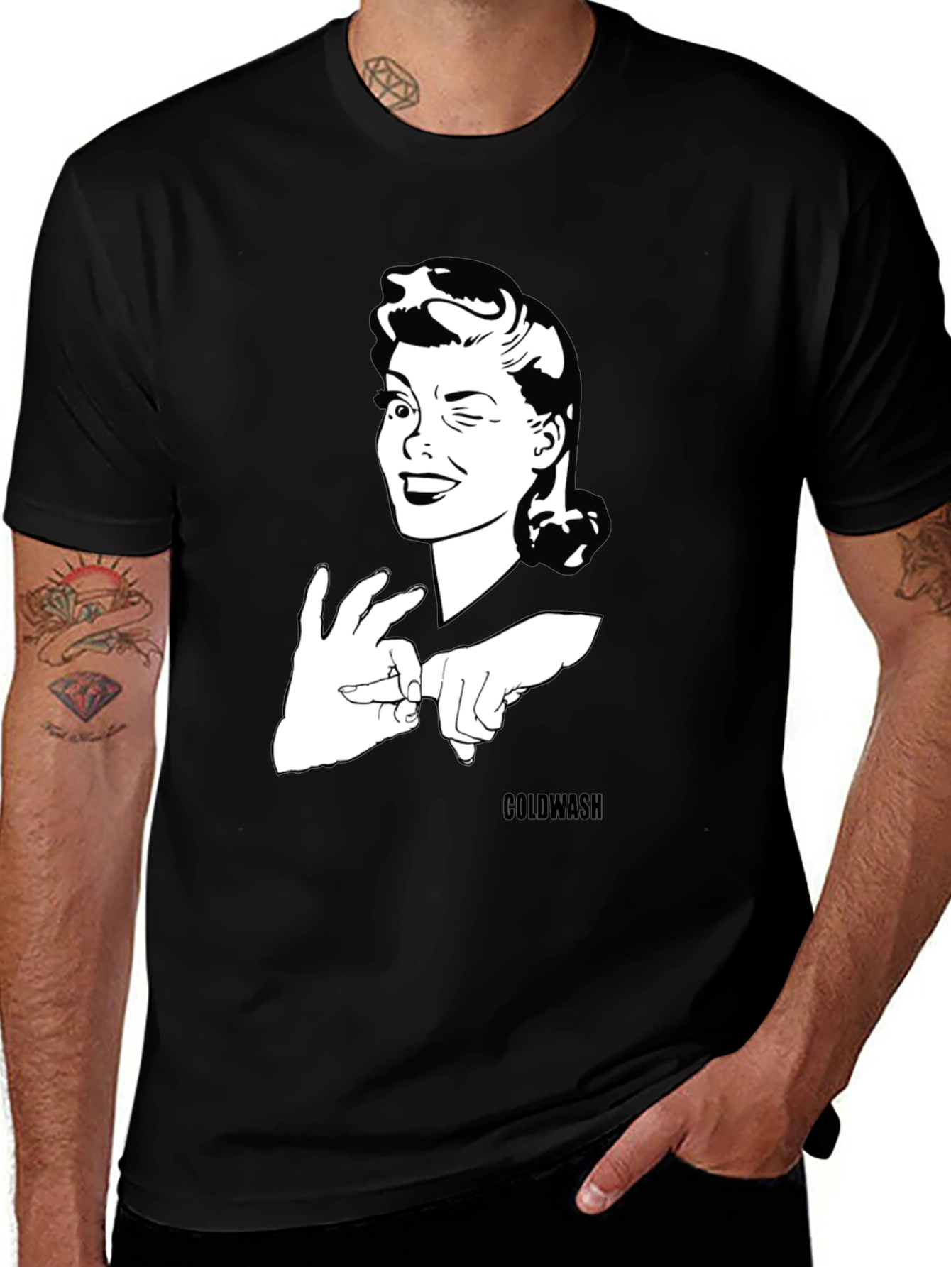 Winking Woman Graphic Tee - Black Cotton T-Shirt