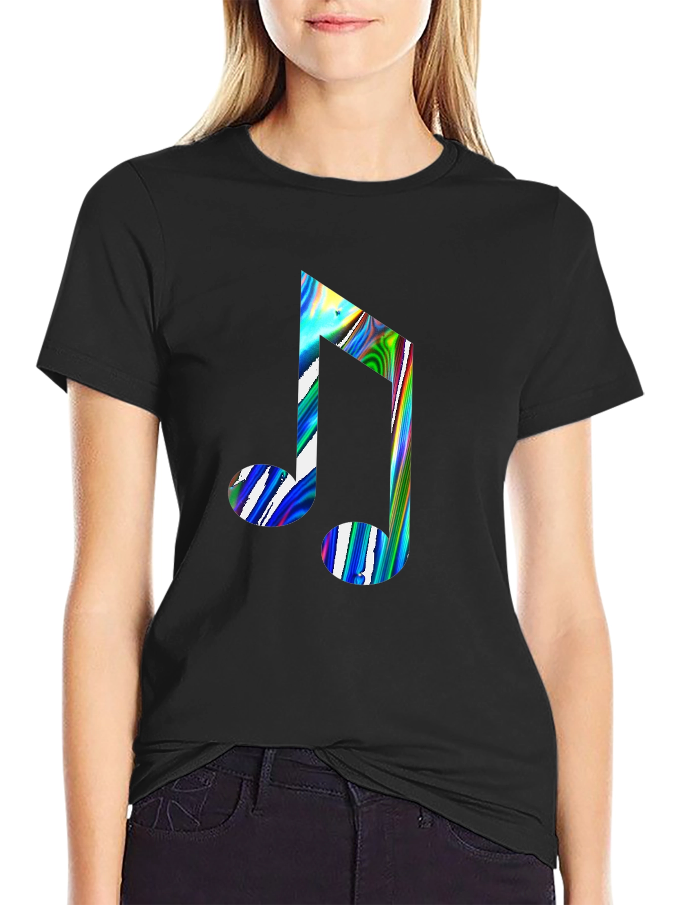 Music Note Graphic Print Black Crew Neck T-Shirt