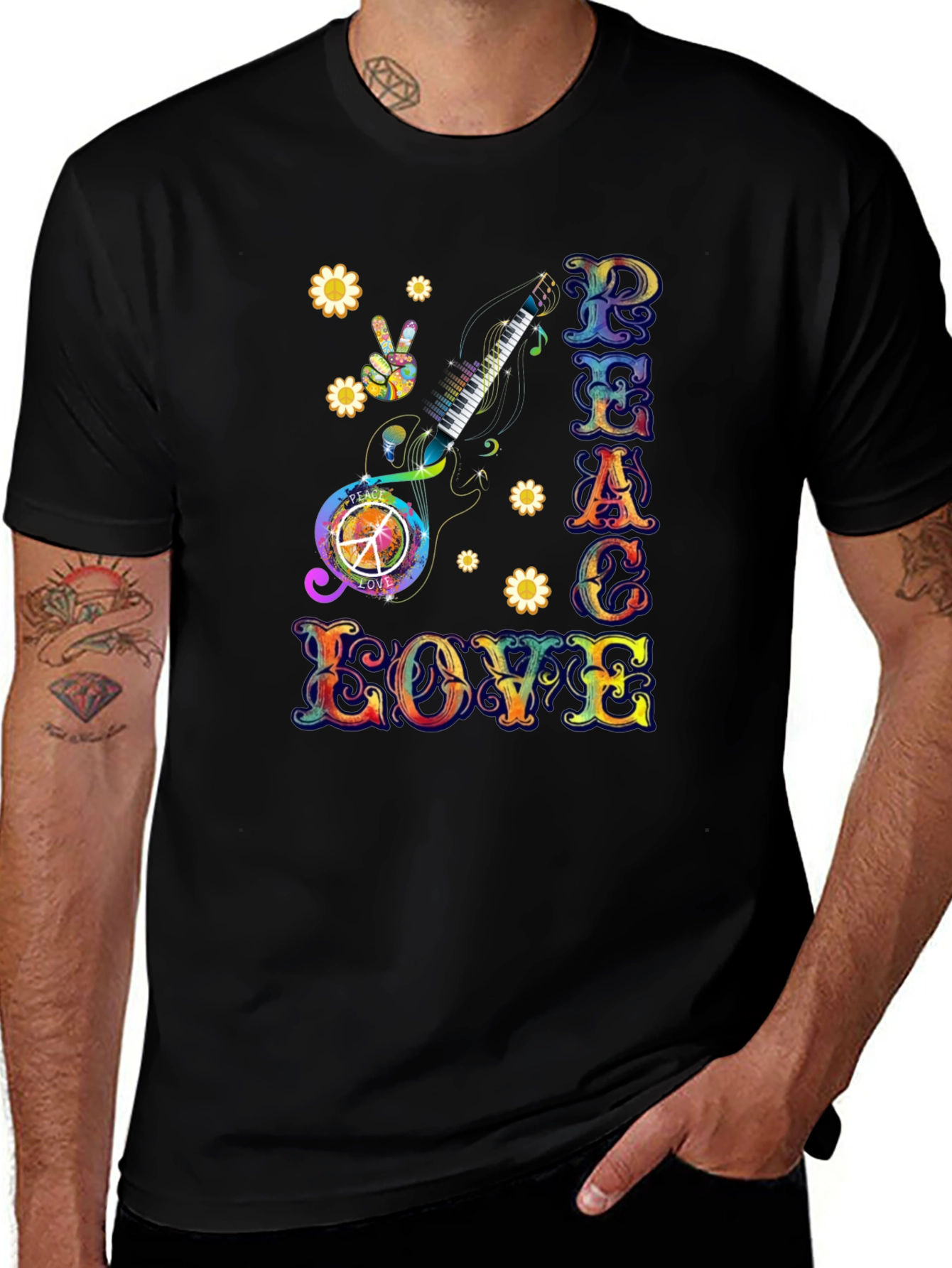 Peace Love Guitar T-Shirt Groovy Psychedelic 60s 70s Tee