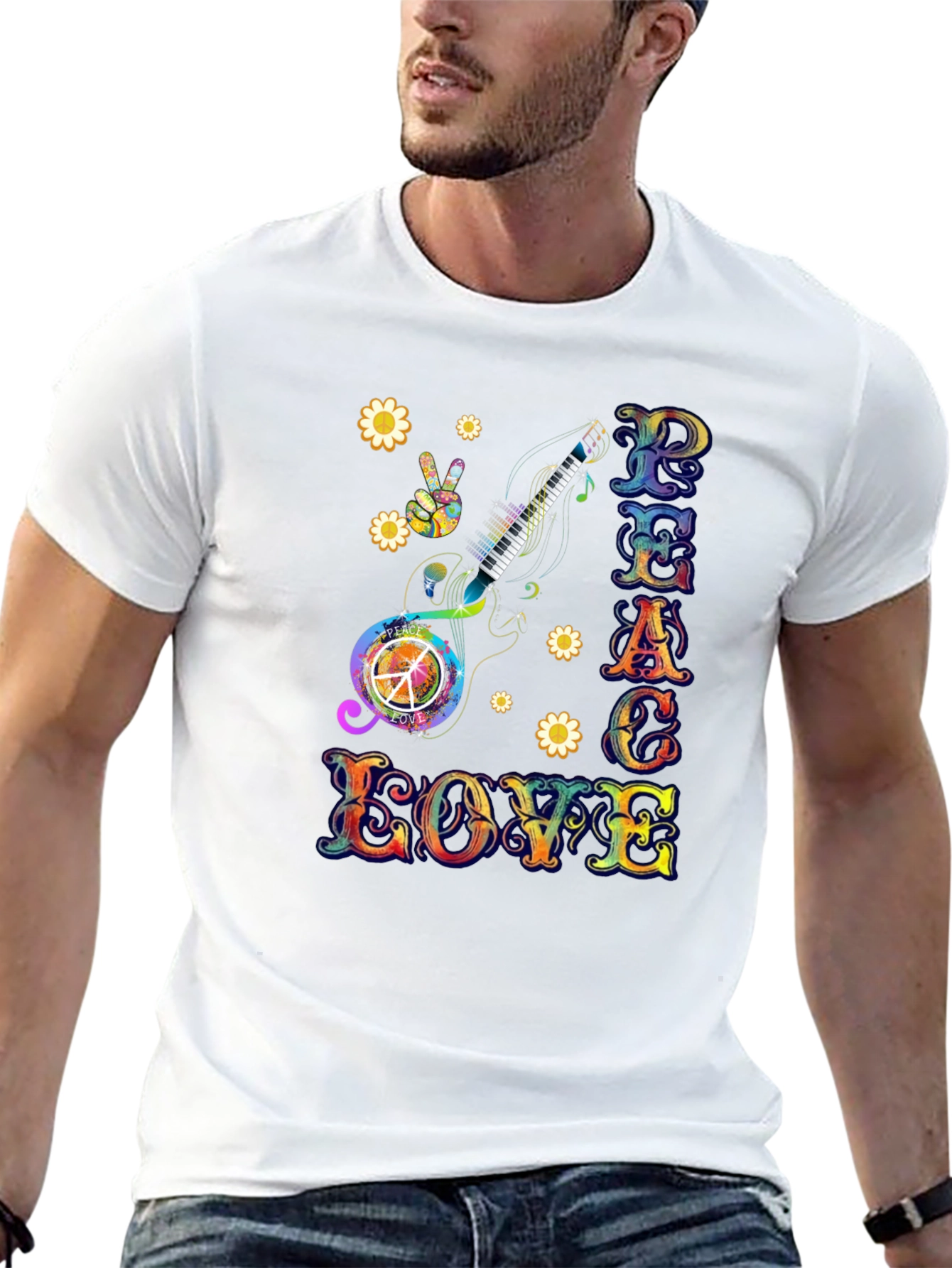 Peace Love Guitar T-Shirt Groovy Psychedelic 60s 70s Tee