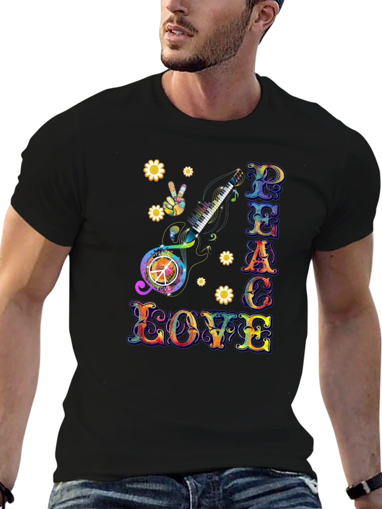 Peace Love Guitar T-Shirt Groovy Psychedelic 60s 70s Tee