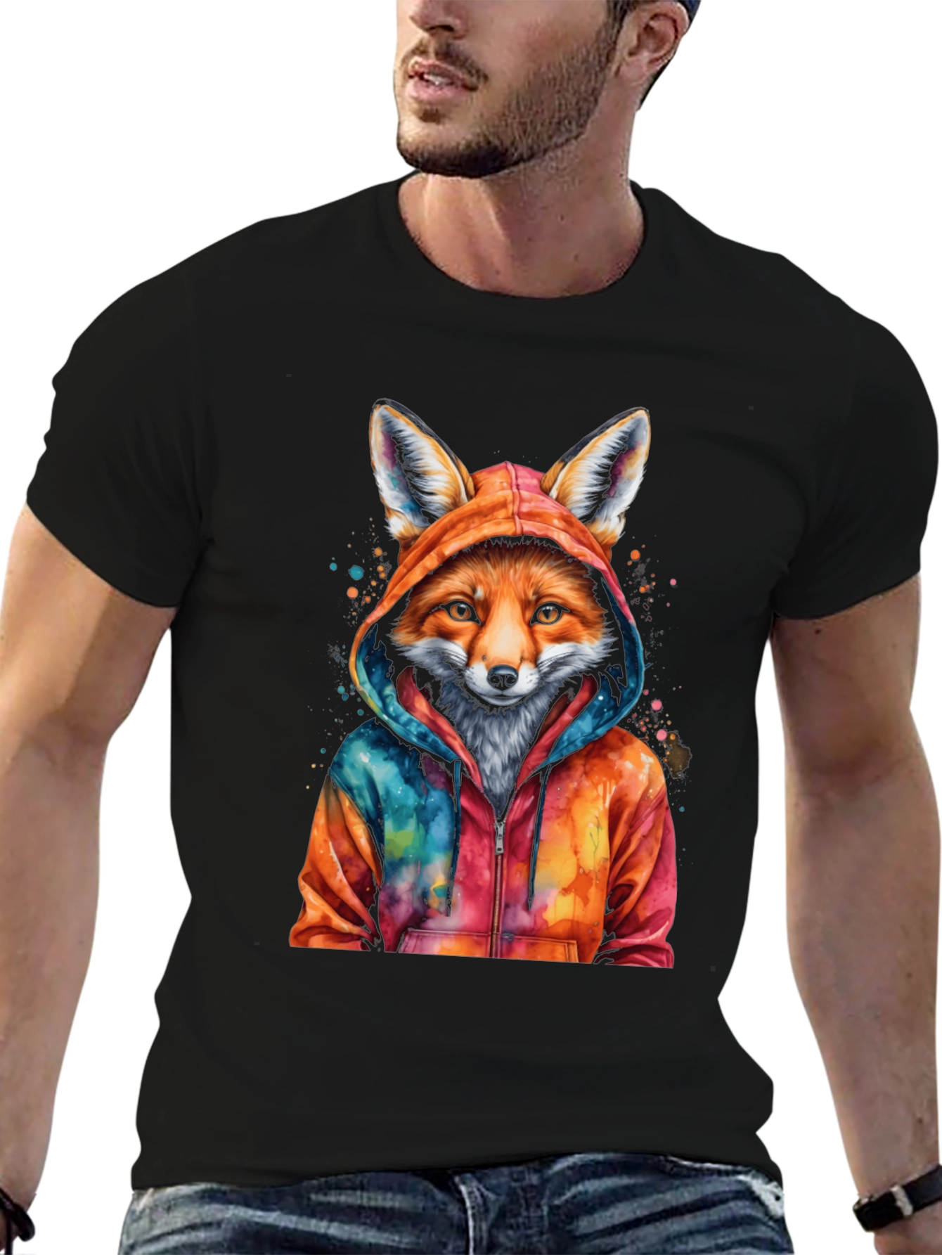 Fox in Hoodie Graphic Tee - Mens Black T-Shirt