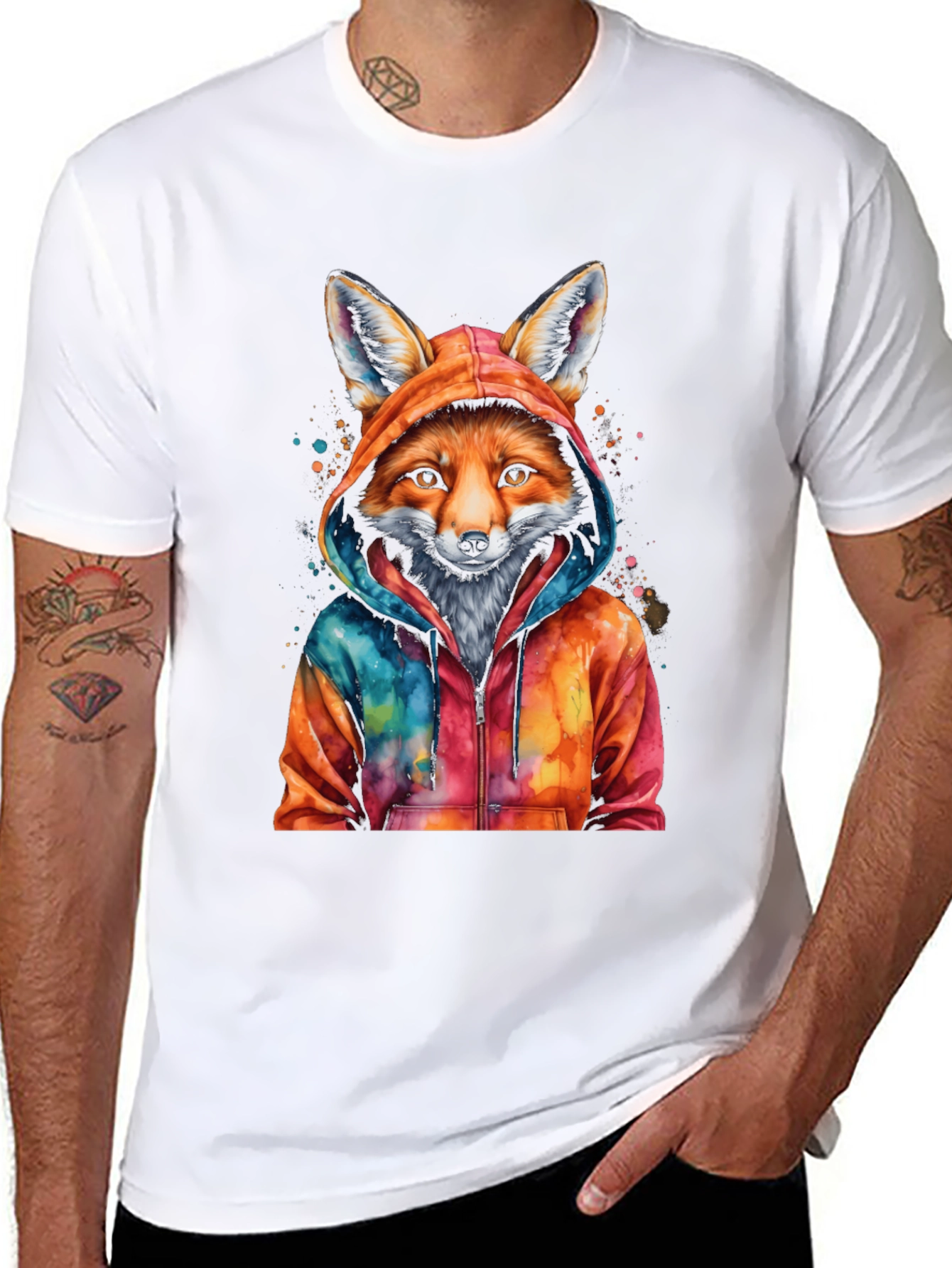 Fox in Hoodie Graphic Tee - Mens Black T-Shirt