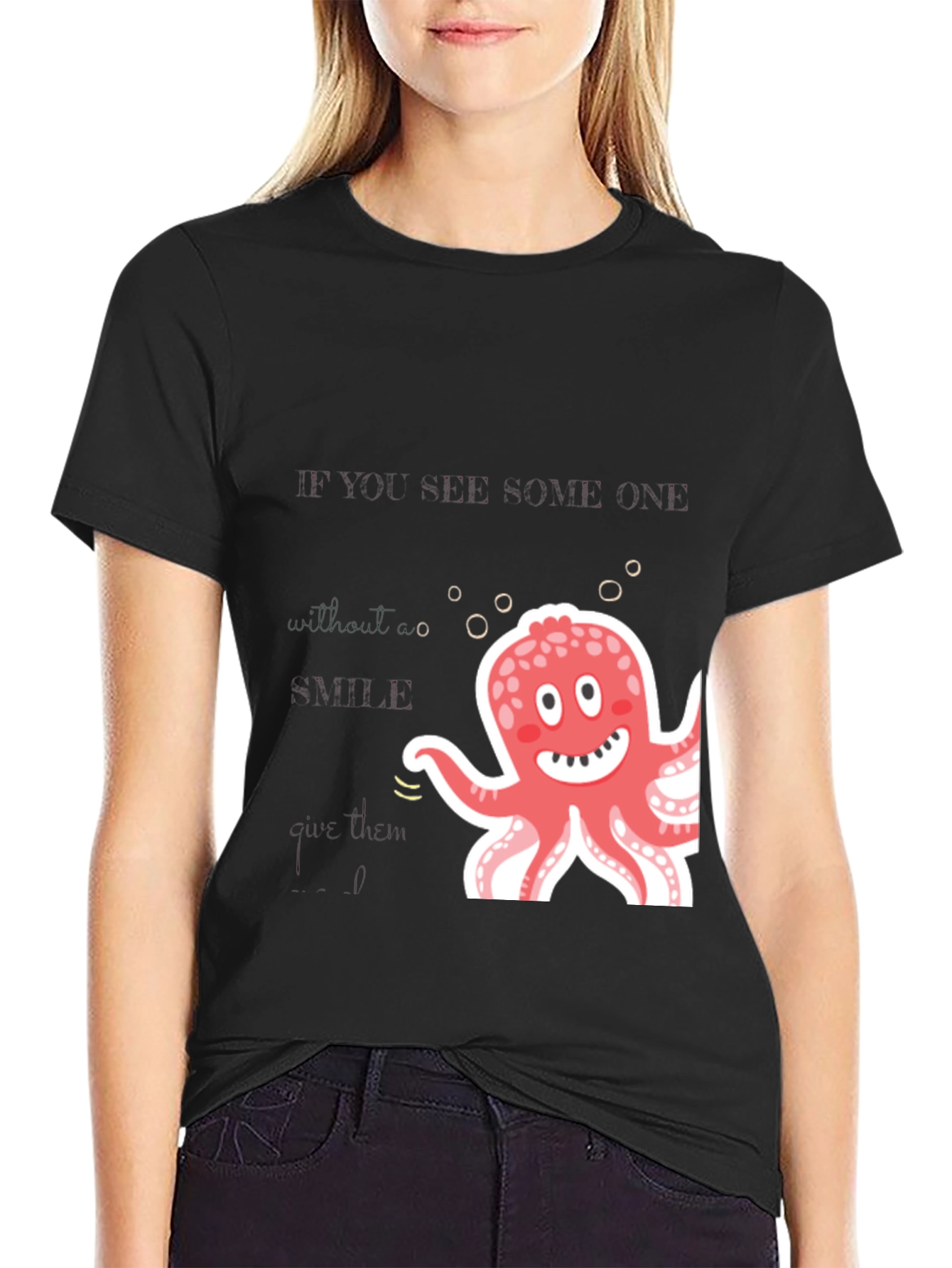 Cute Octopus Graphic Black T-Shirt