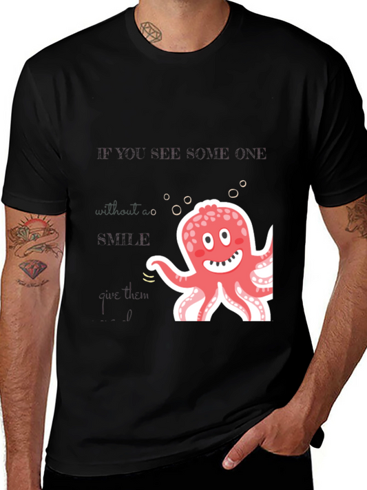 Cute Octopus Graphic Black T-Shirt