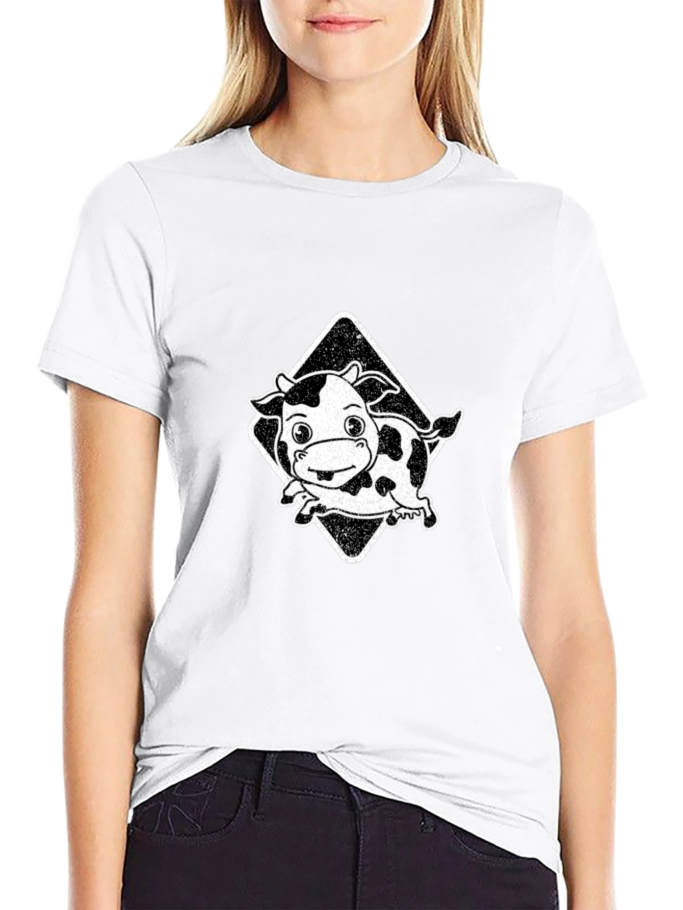 Cartoon Cow Graphic Tee - Black