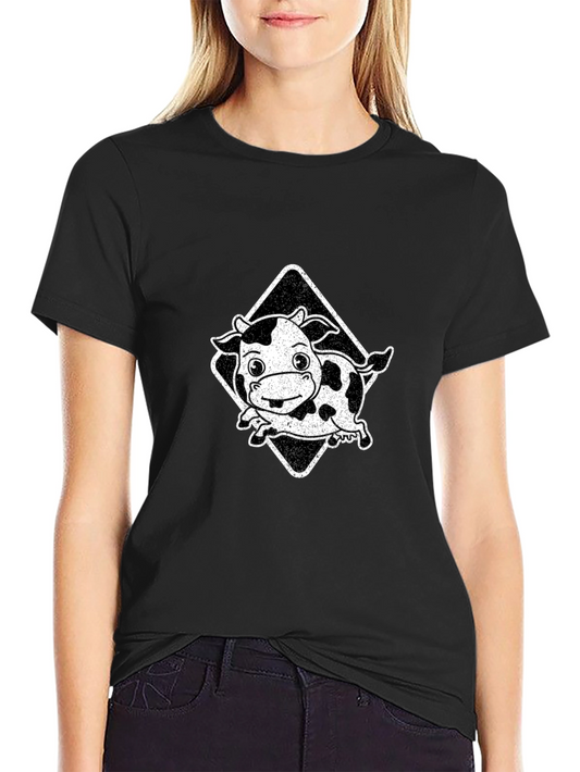 Cartoon Cow Graphic Tee - Black